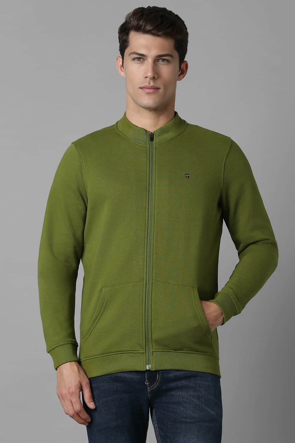 Men Casual Olive Textured Sweatshirt | Louisphilippe Men Casual Olive Textured Sweatshirt | Louisphilippe