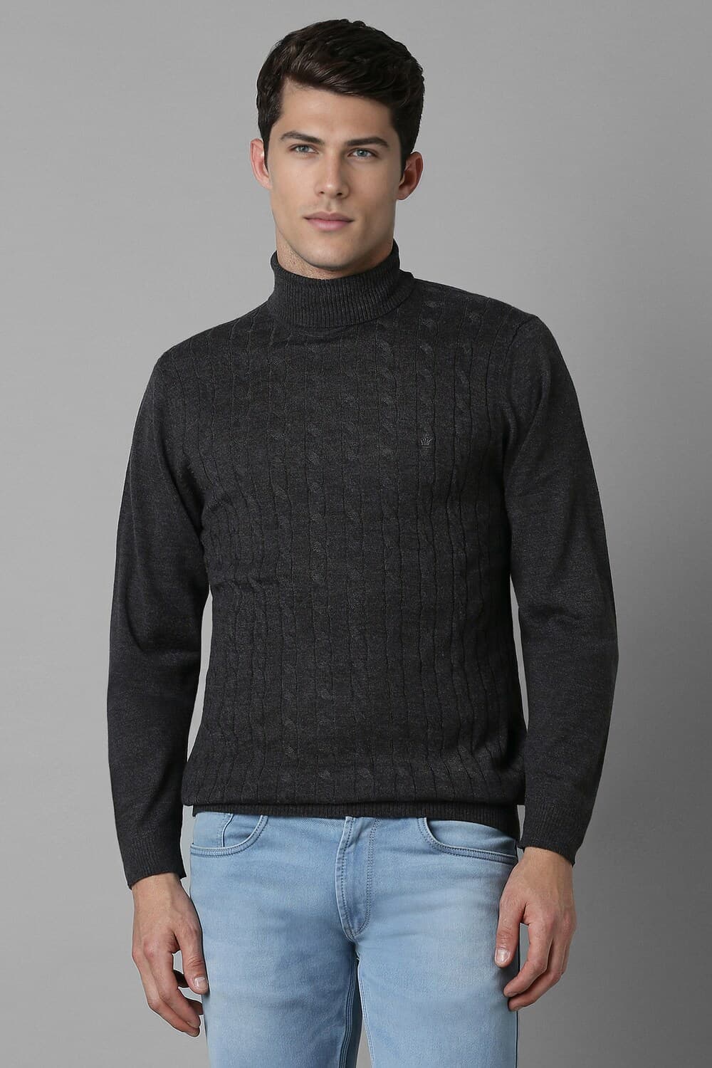 Men Grey Patterned Turtle Neck Full Sleeves Sweater | Louisphilippe Men Grey Patterned Turtle Neck Full Sleeves Sweater | Louisphilippe