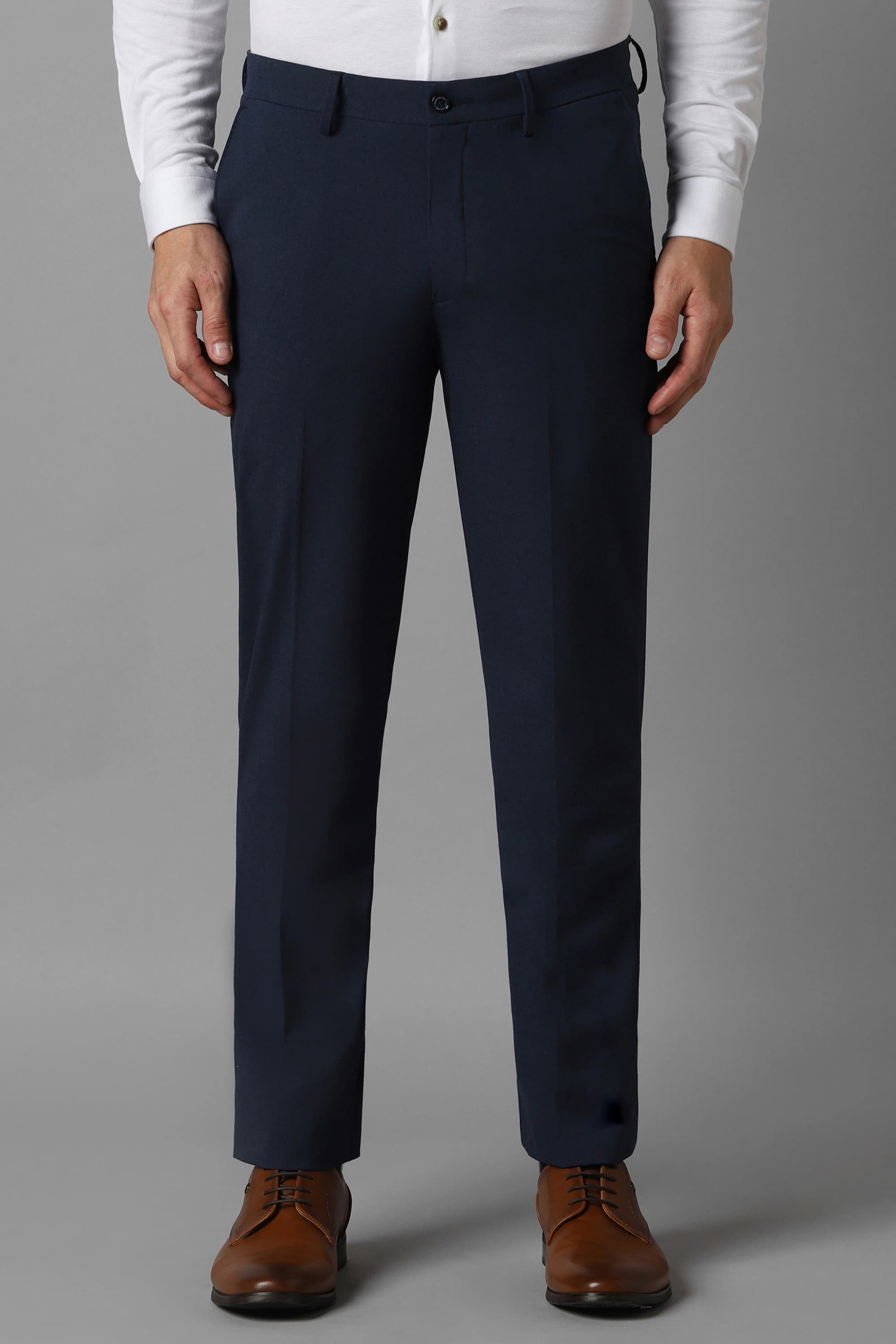 Men Navy Slim Fit Solid Flat Front Formal Trousers | Louisphilippe Men Navy Slim Fit Solid Flat Front Formal Trousers | Louisphilippe