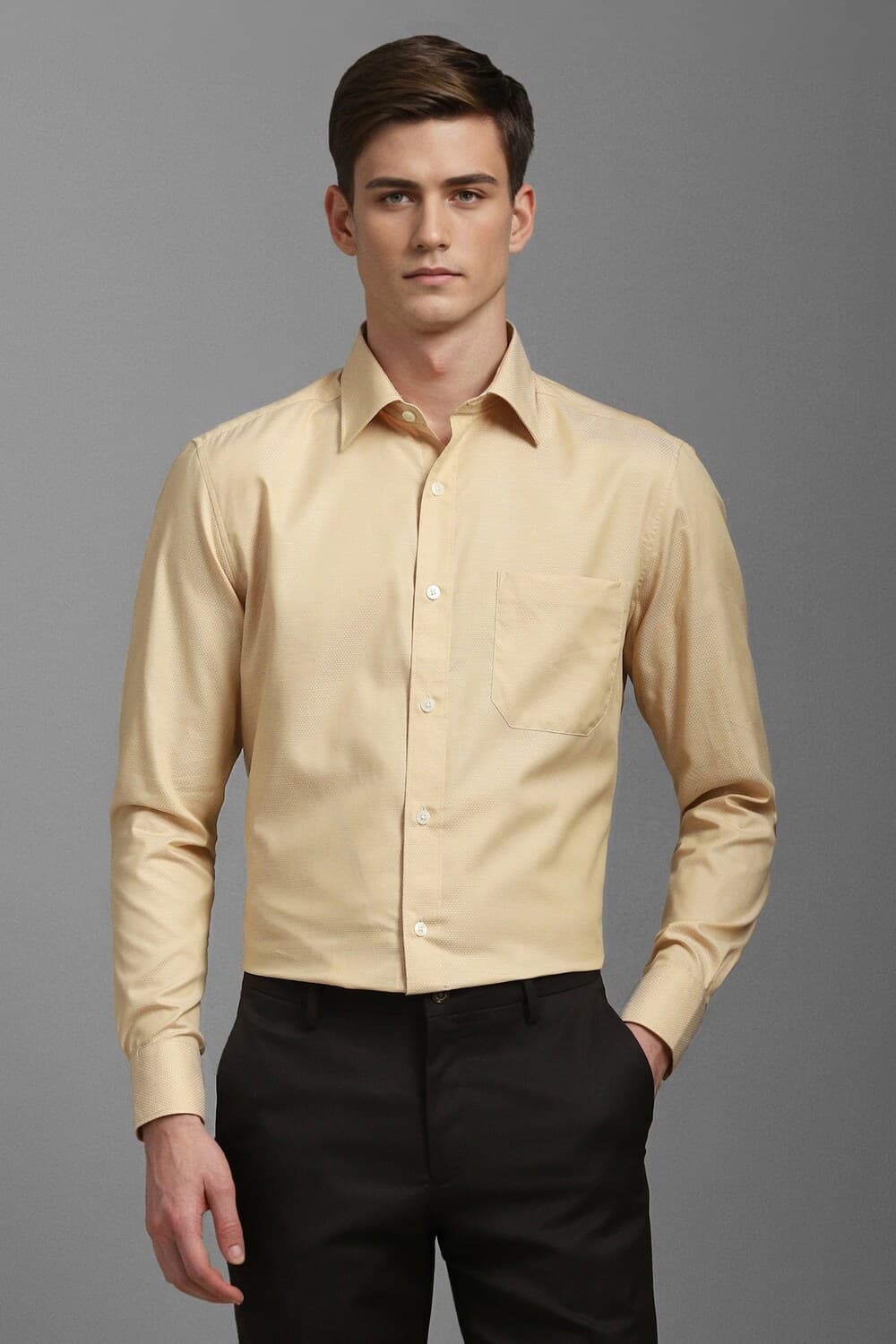 Men Beige Classic Fit Textured Full Sleeves Formal Shirt | Louisphilippe Men Beige Classic Fit Textured Full Sleeves Formal Shirt | Louisphilippe