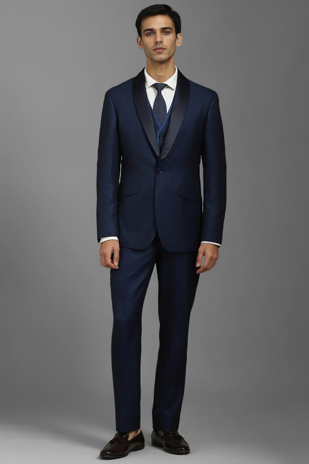 Men Navy Slim Fit Print Formal Three Piece Suit | Louisphilippe Men Navy Slim Fit Print Formal Three Piece Suit | Louisphilippe