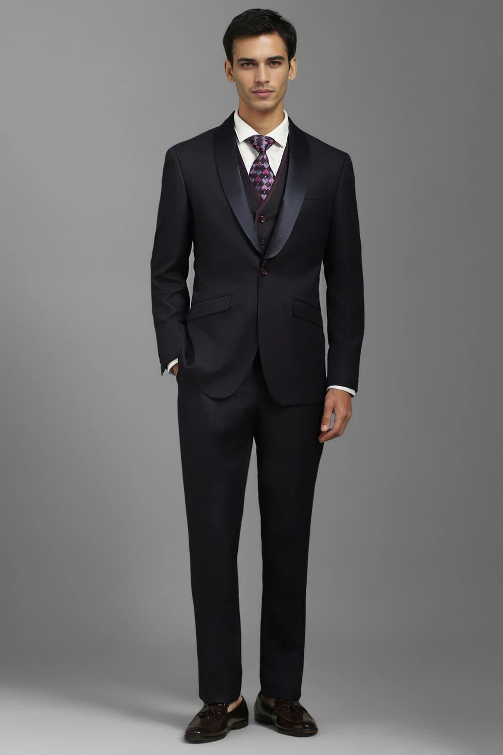 Men Navy Slim Fit Print Formal Three Piece Suit | Louisphilippe Men Navy Slim Fit Print Formal Three Piece Suit | Louisphilippe