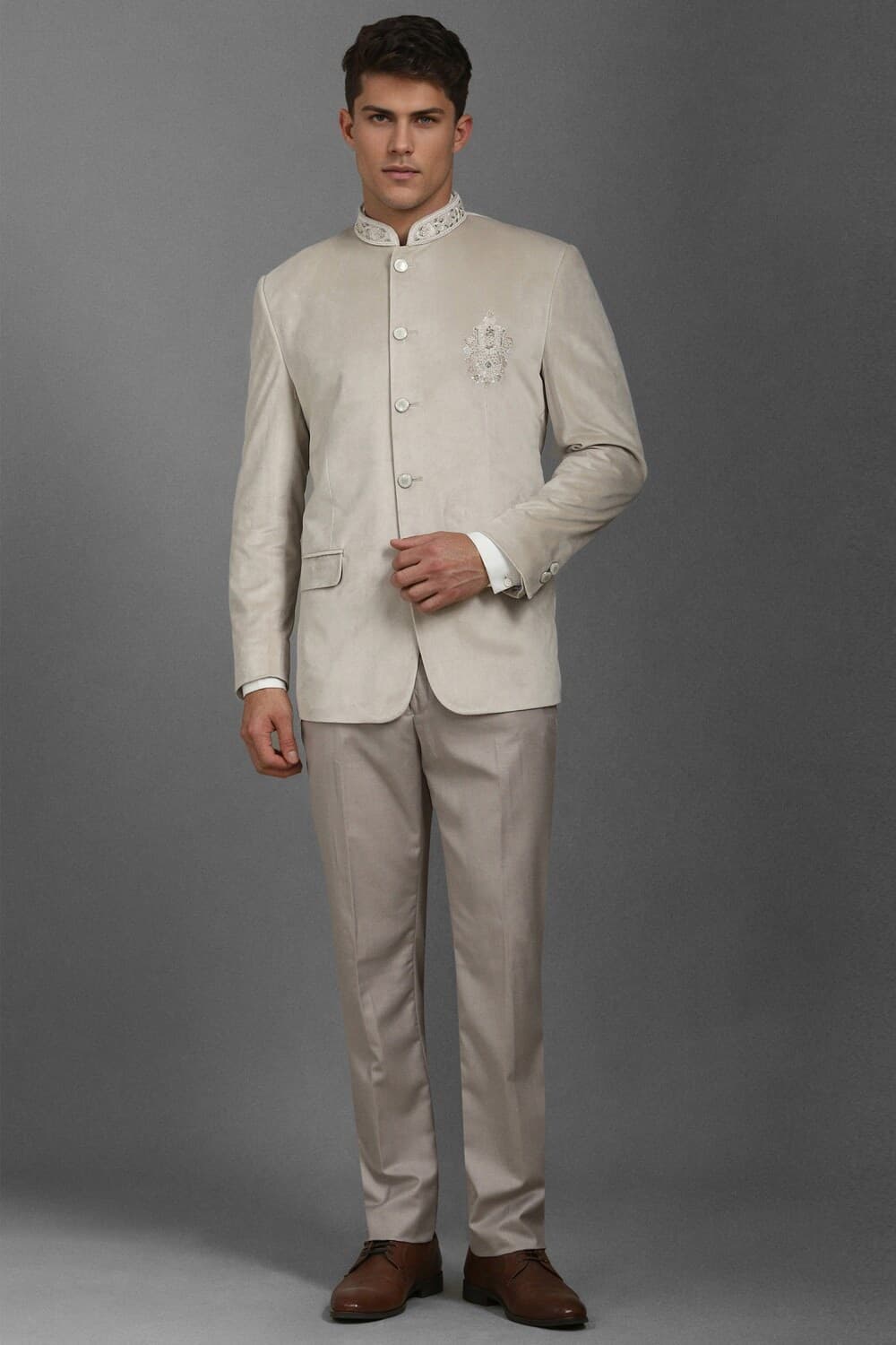 Men Grey Regular Fit Embellished Formal Two Piece Suit | Louisphilippe Men Grey Regular Fit Embellished Formal Two Piece Suit | Louisphilippe
