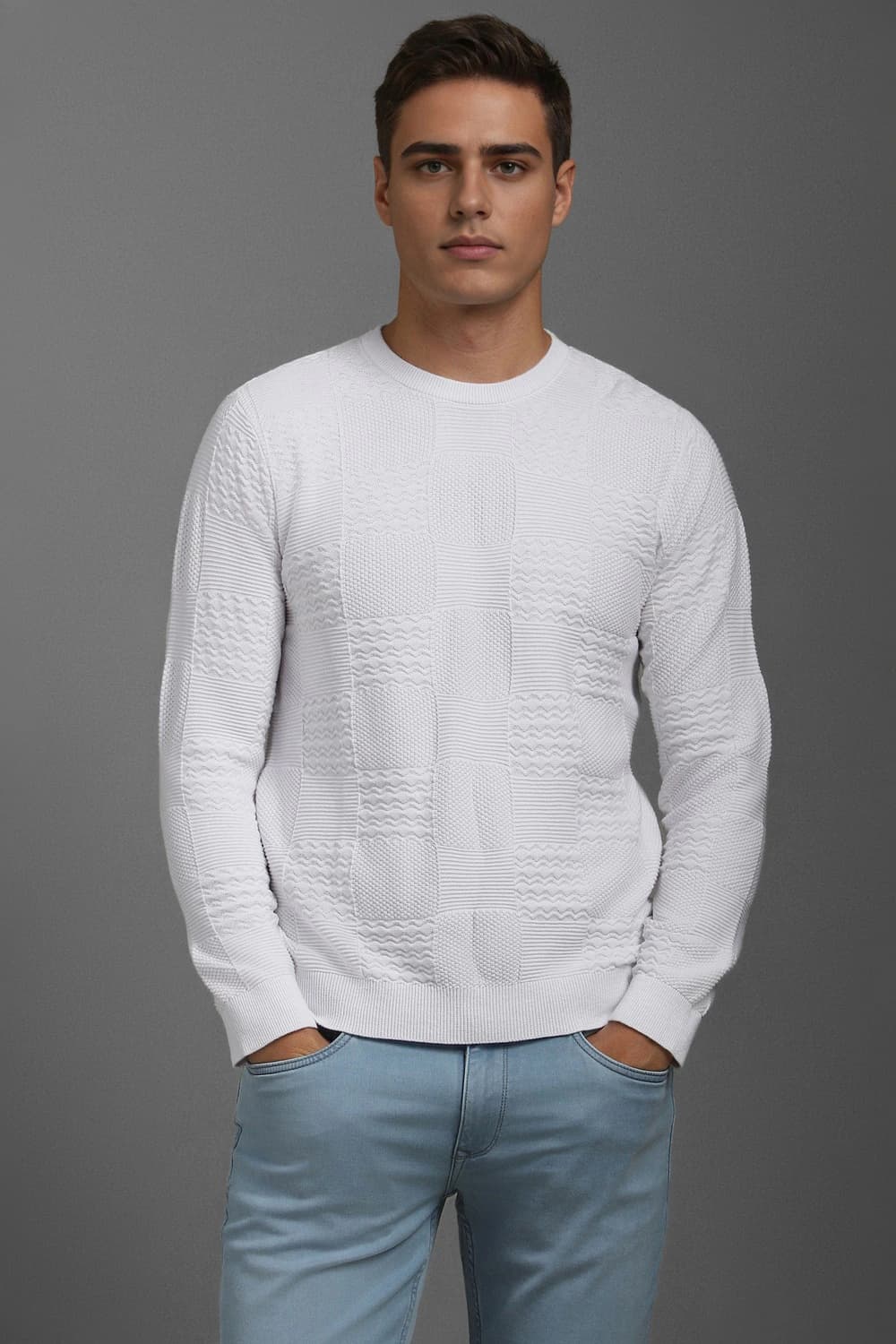 Men White Textured Crew Neck Full Sleeves Sweater | Louisphilippe Men White Textured Crew Neck Full Sleeves Sweater | Louisphilippe