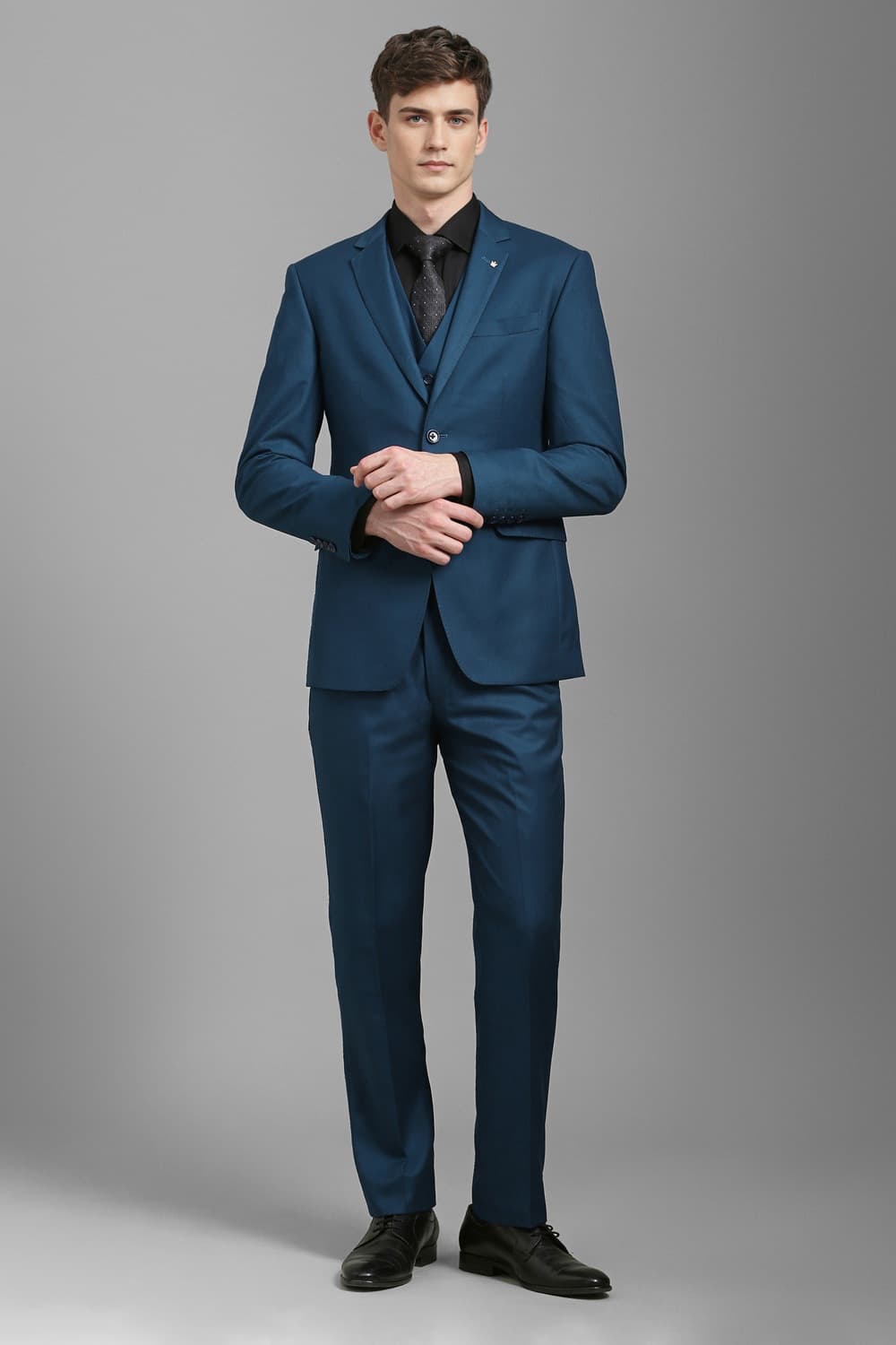 Men Blue Slim Fit Textured Formal Three Piece Suit | Louisphilippe Men Blue Slim Fit Textured Formal Three Piece Suit | Louisphilippe