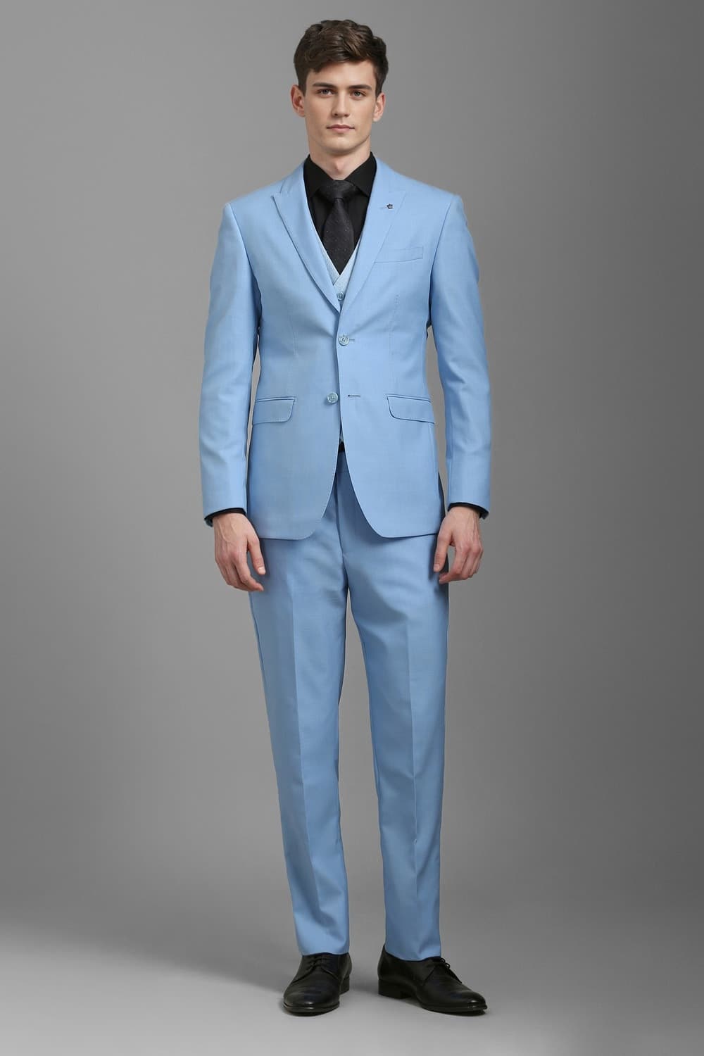 Men Light Blue Slim Fit Textured Formal Three Piece Suit | Louisphilippe Men Light Blue Slim Fit Textured Formal Three Piece Suit | Louisphilippe