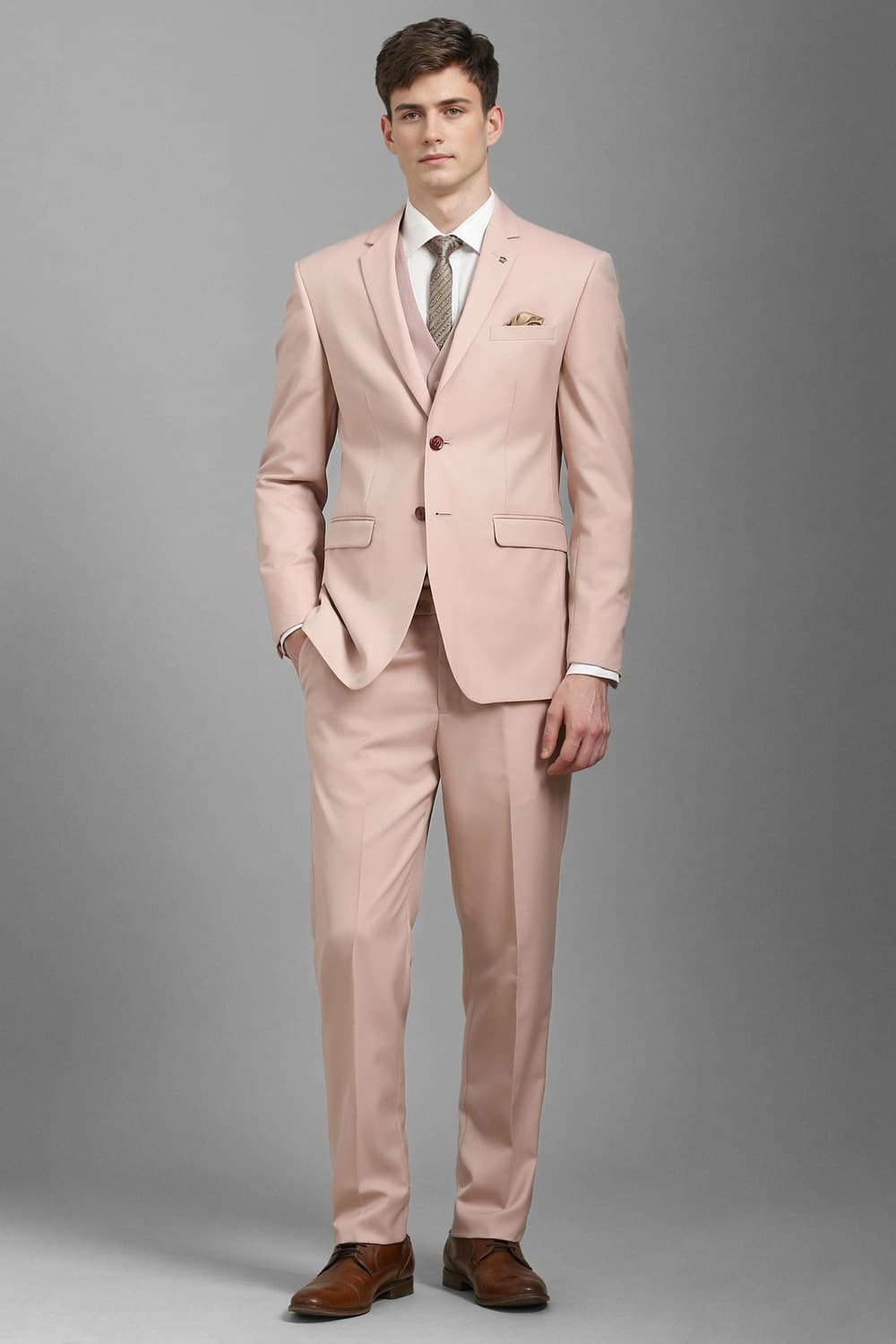 Men Peach Slim Fit Solid Formal Three Piece Suit | Louisphilippe Men Peach Slim Fit Solid Formal Three Piece Suit | Louisphilippe
