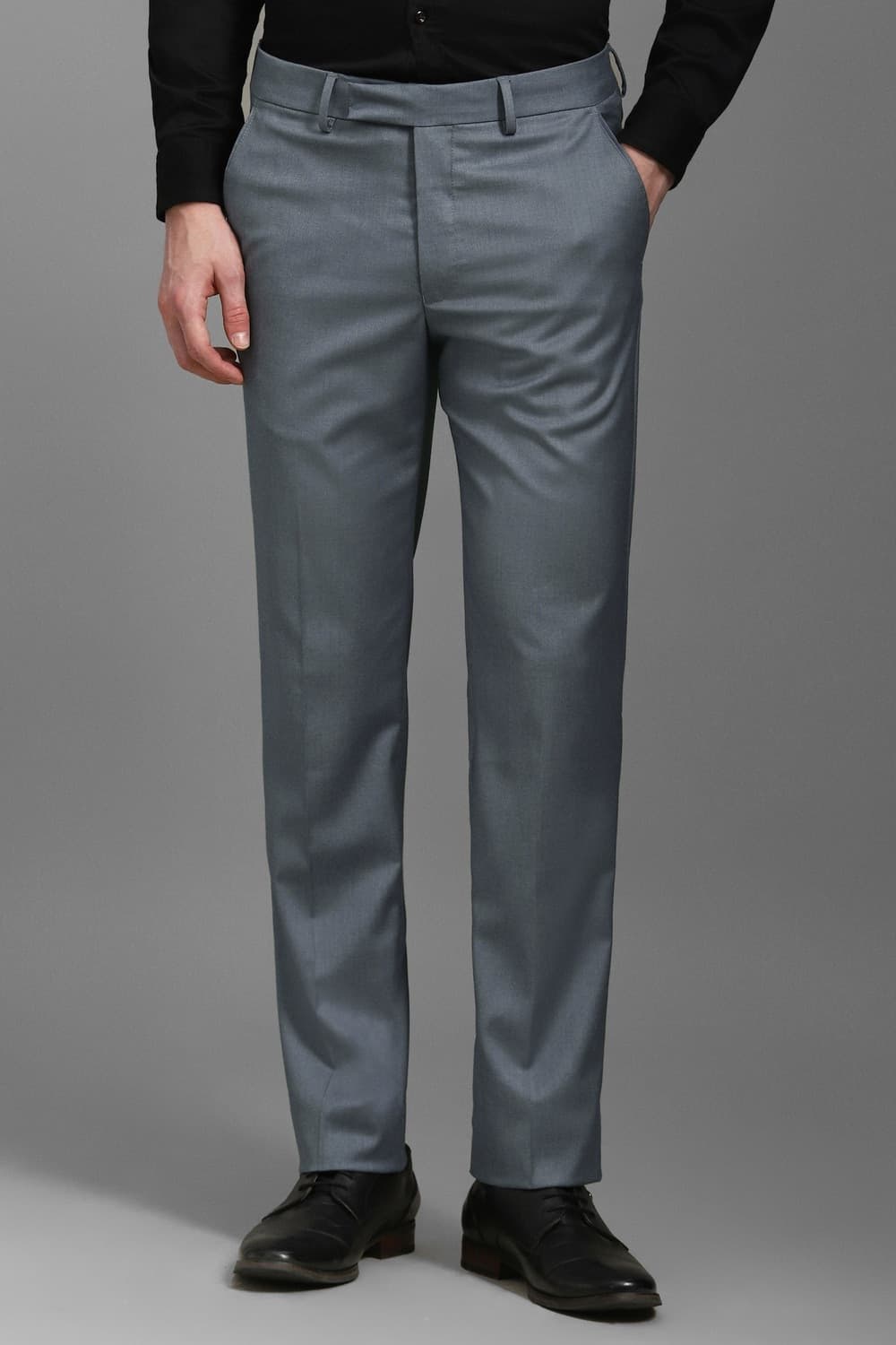 Men Grey Slim Fit Textured Flat Front Formal Trousers | Louisphilippe Men Grey Slim Fit Textured Flat Front Formal Trousers | Louisphilippe