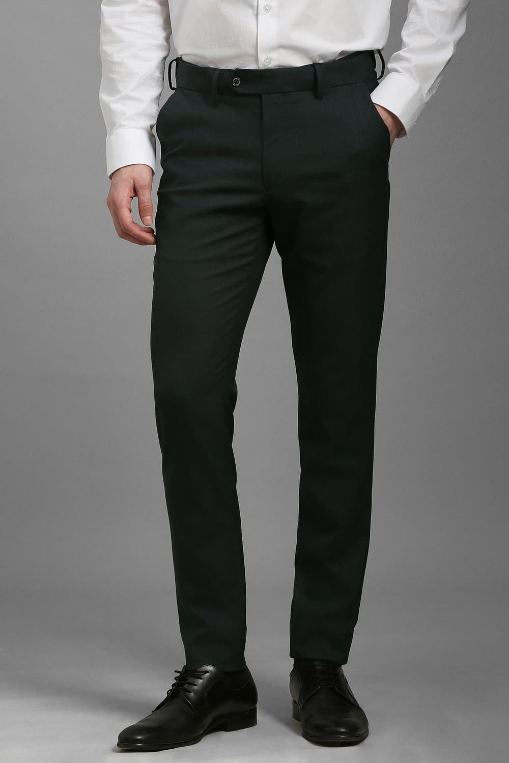 Men Green Slim Tapered Fit Textured Flat Front Formal Trousers | Louisphilippe Men Green Slim Tapered Fit Textured Flat Front Formal Trousers | Louisphilippe