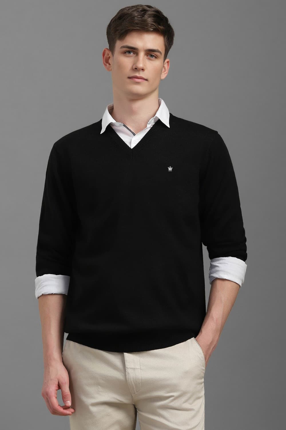 Men Black Solid V Neck Full Sleeves Sweater | Louisphilippe Men Black Solid V Neck Full Sleeves Sweater | Louisphilippe