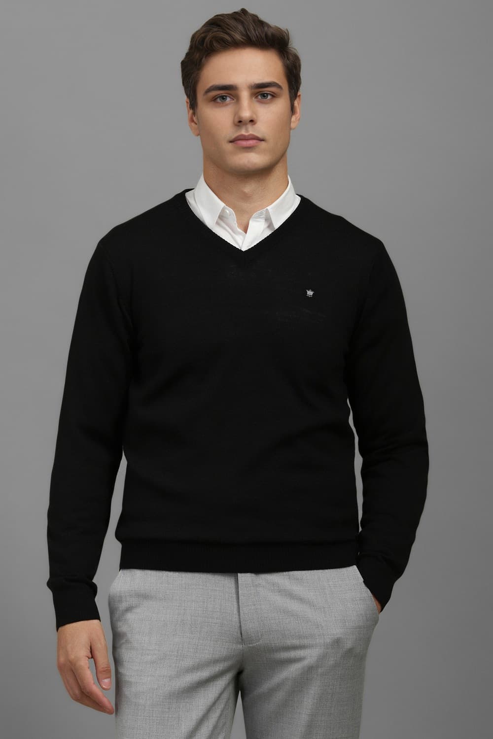 Men Black Solid V Neck Full Sleeves Sweater | Louisphilippe Men Black Solid V Neck Full Sleeves Sweater | Louisphilippe