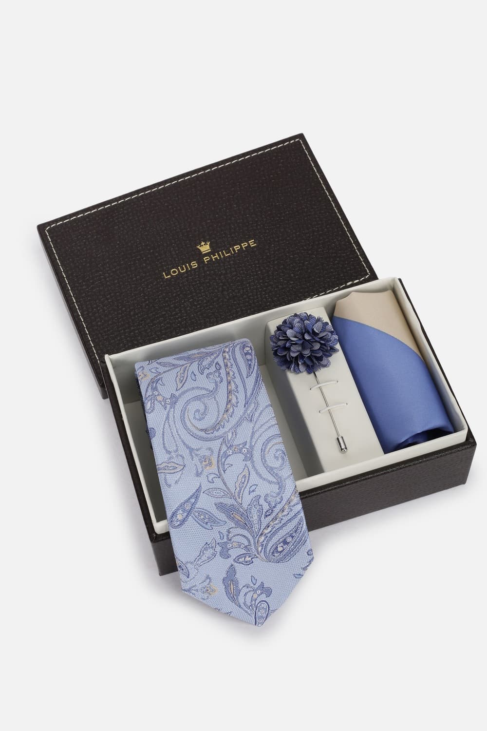Men Light Blue Embroidered Tie Pocket Square And Lapel Pin | Louisphilippe Men Light Blue Embroidered Tie Pocket Square And Lapel Pin | Louisphilippe