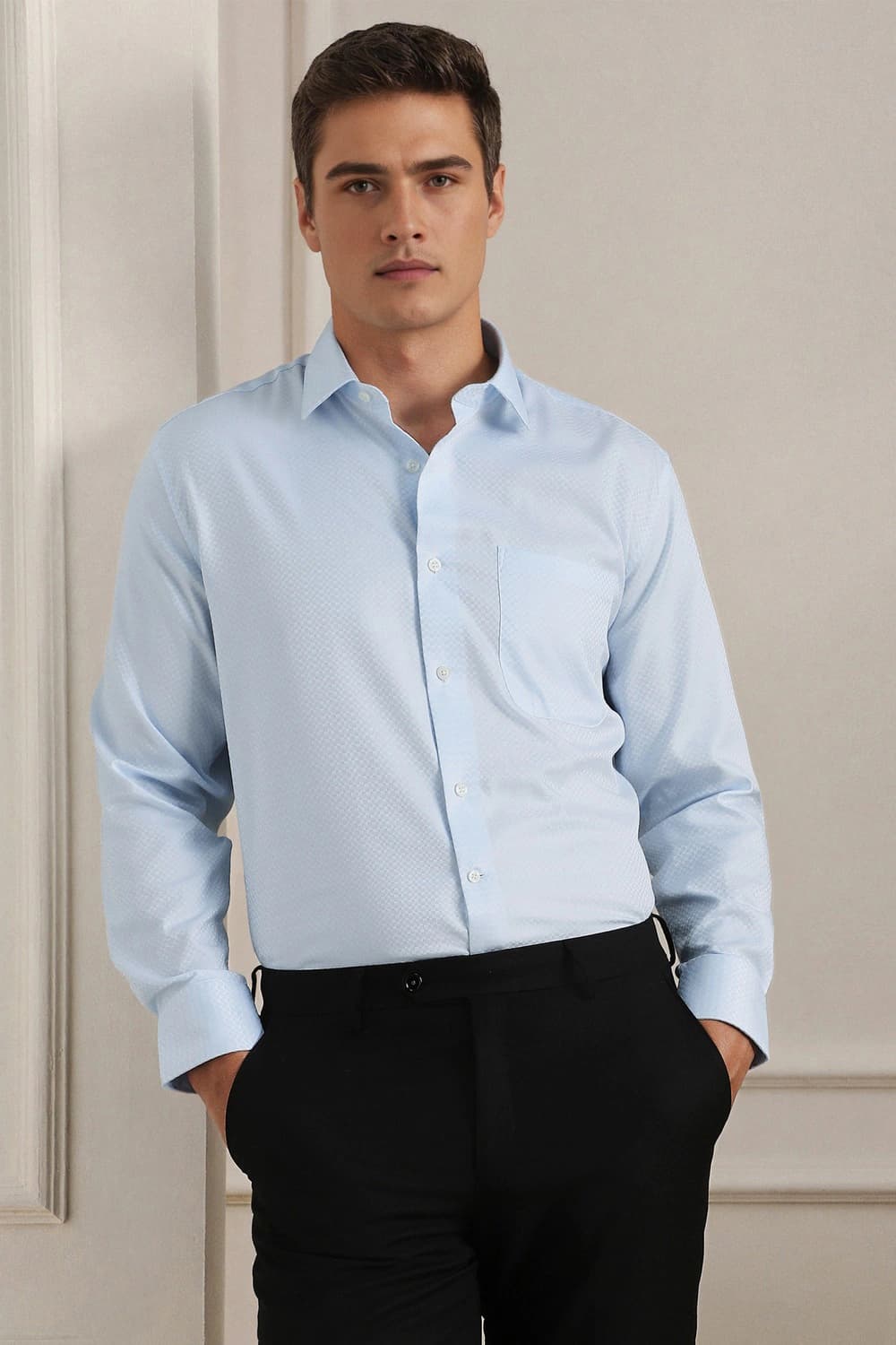 Men Light Blue Classic Fit Print Full Sleeves Formal Shirt | Louisphilippe Men Light Blue Classic Fit Print Full Sleeves Formal Shirt | Louisphilippe