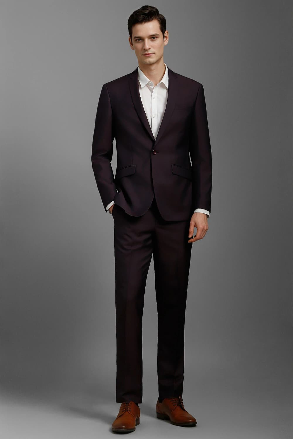 Men Maroon Slim Fit Solid Formal Two Piece Suit | Louisphilippe Men Maroon Slim Fit Solid Formal Two Piece Suit | Louisphilippe
