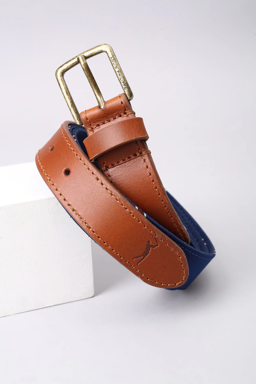 Men Blue Stripe Leather Casual Belt | Louisphilippe Men Blue Stripe Leather Casual Belt | Louisphilippe