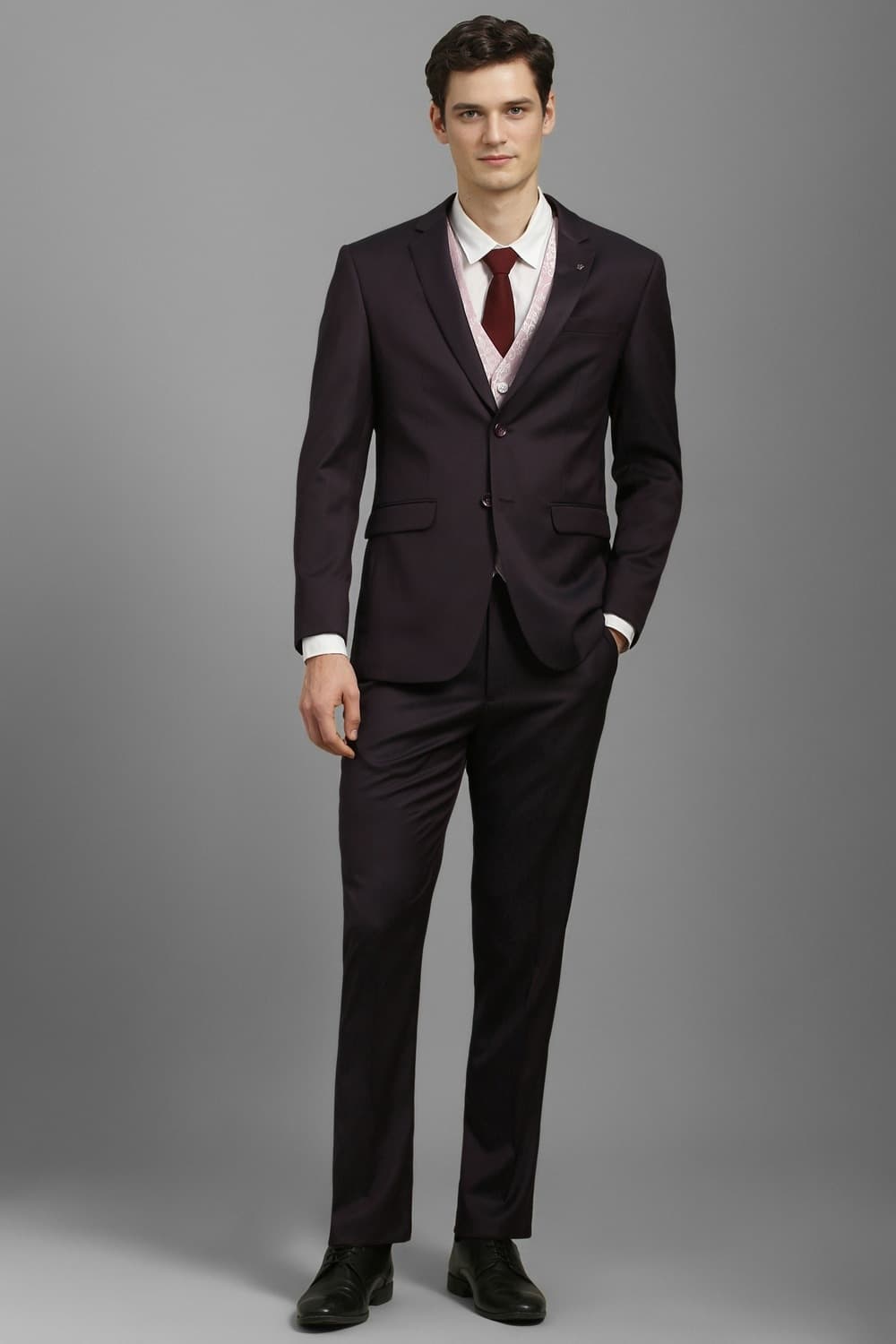 Men Brown Slim Fit Textured Formal Three Piece Suit | Louisphilippe Men Brown Slim Fit Textured Formal Three Piece Suit | Louisphilippe
