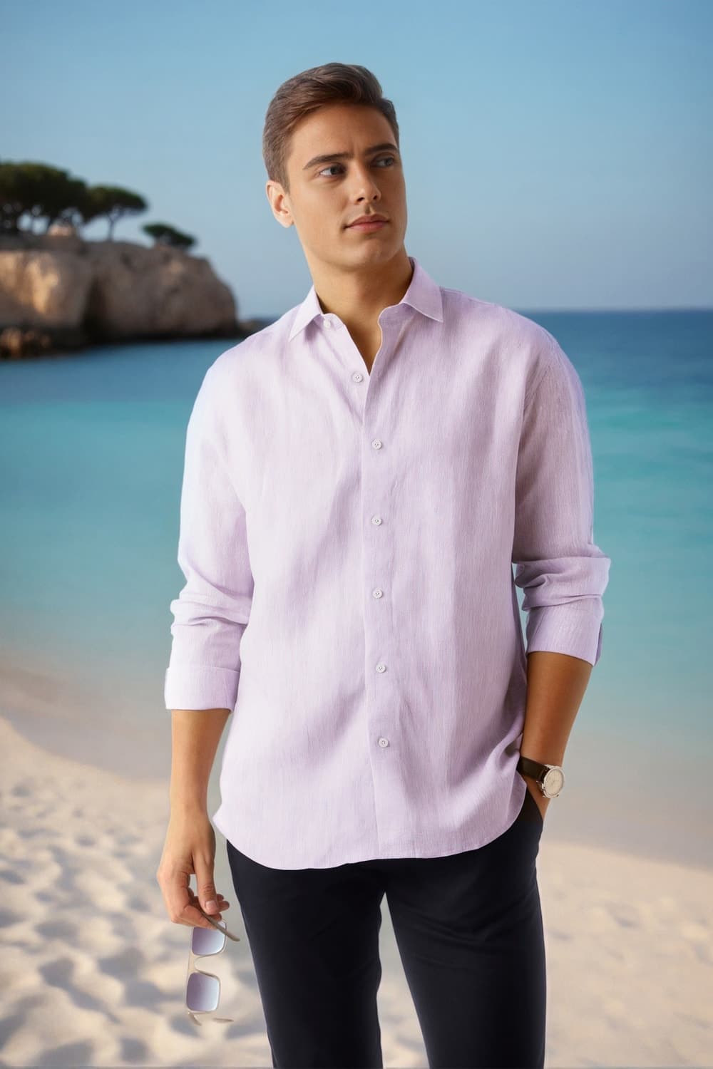 Men 100% Linen Lilac Classic Fit Textured Formal Shirt | Louisphilippe Men 100% Linen Lilac Classic Fit Textured Formal Shirt | Louisphilippe