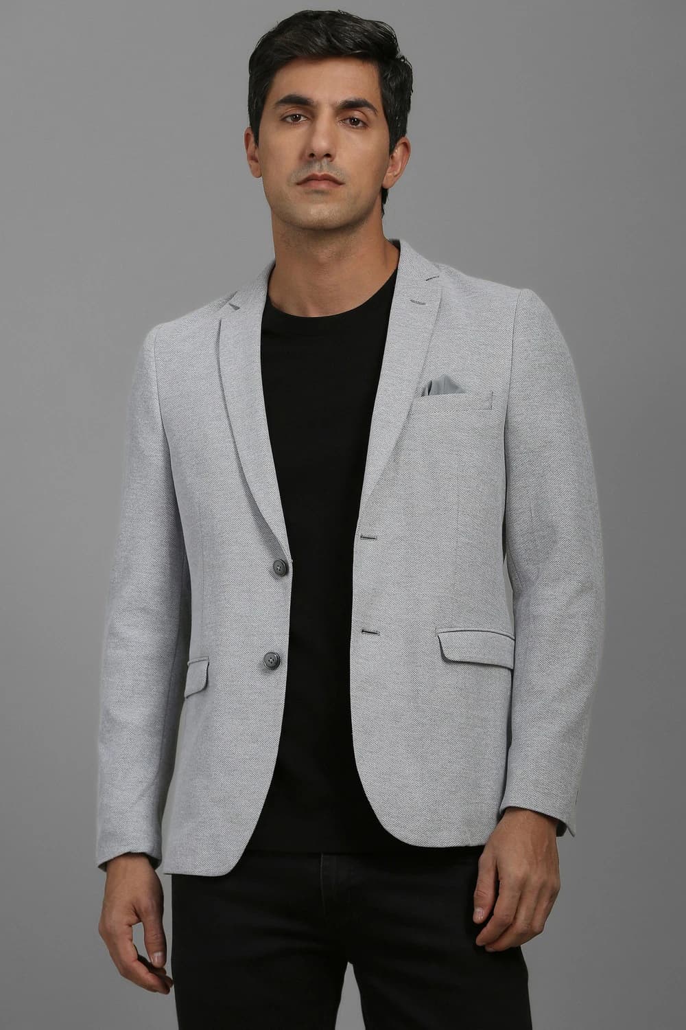 Men Grey Super Slim Fit Textured Casual Blazer | Louisphilippe Men Grey Super Slim Fit Textured Casual Blazer | Louisphilippe