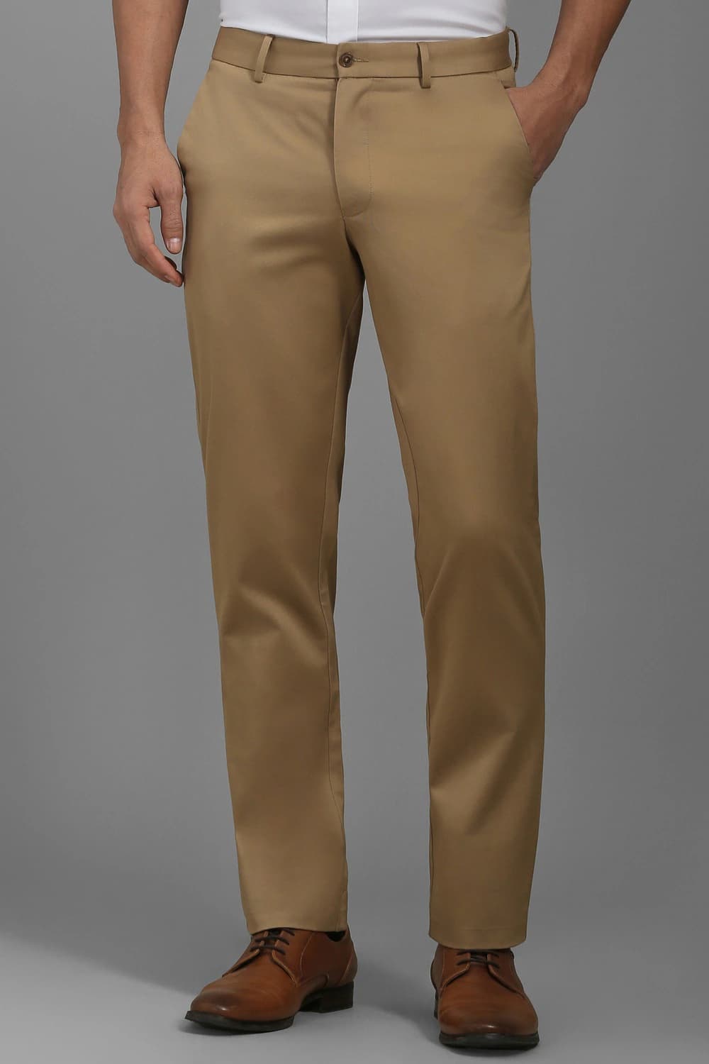 Men Khaki Slim Fit Textured Flat Front Formal Trousers | Louisphilippe Men Khaki Slim Fit Textured Flat Front Formal Trousers | Louisphilippe