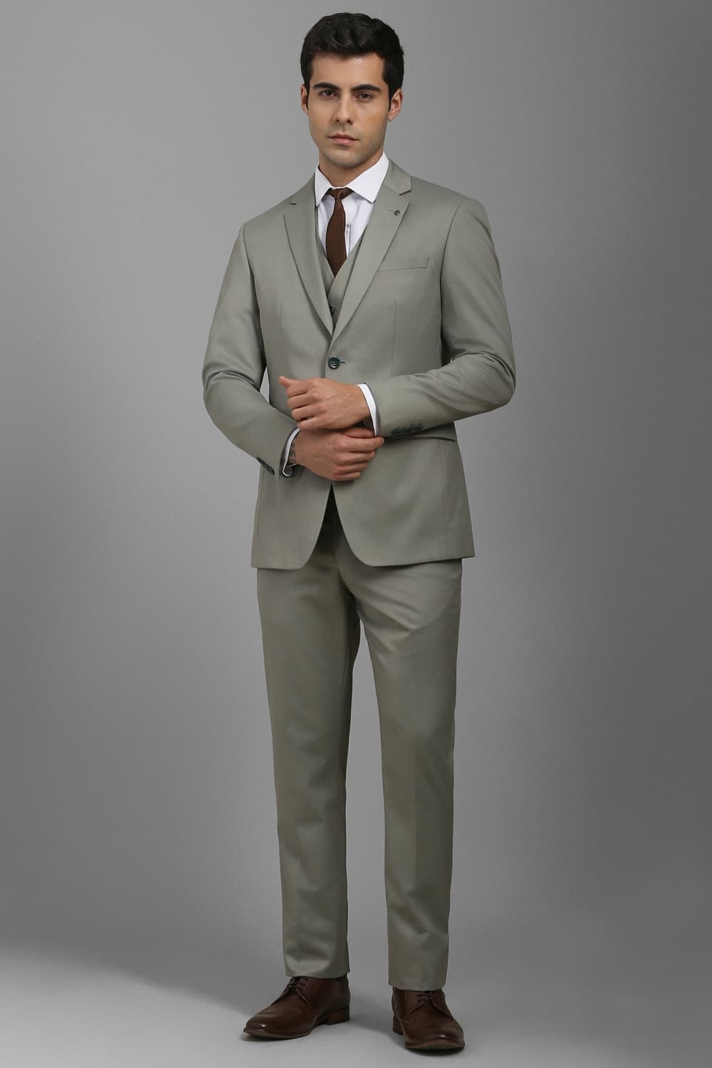 Men Olive Slim Fit Textured Formal Three Piece Suit | Louisphilippe Men Olive Slim Fit Textured Formal Three Piece Suit | Louisphilippe