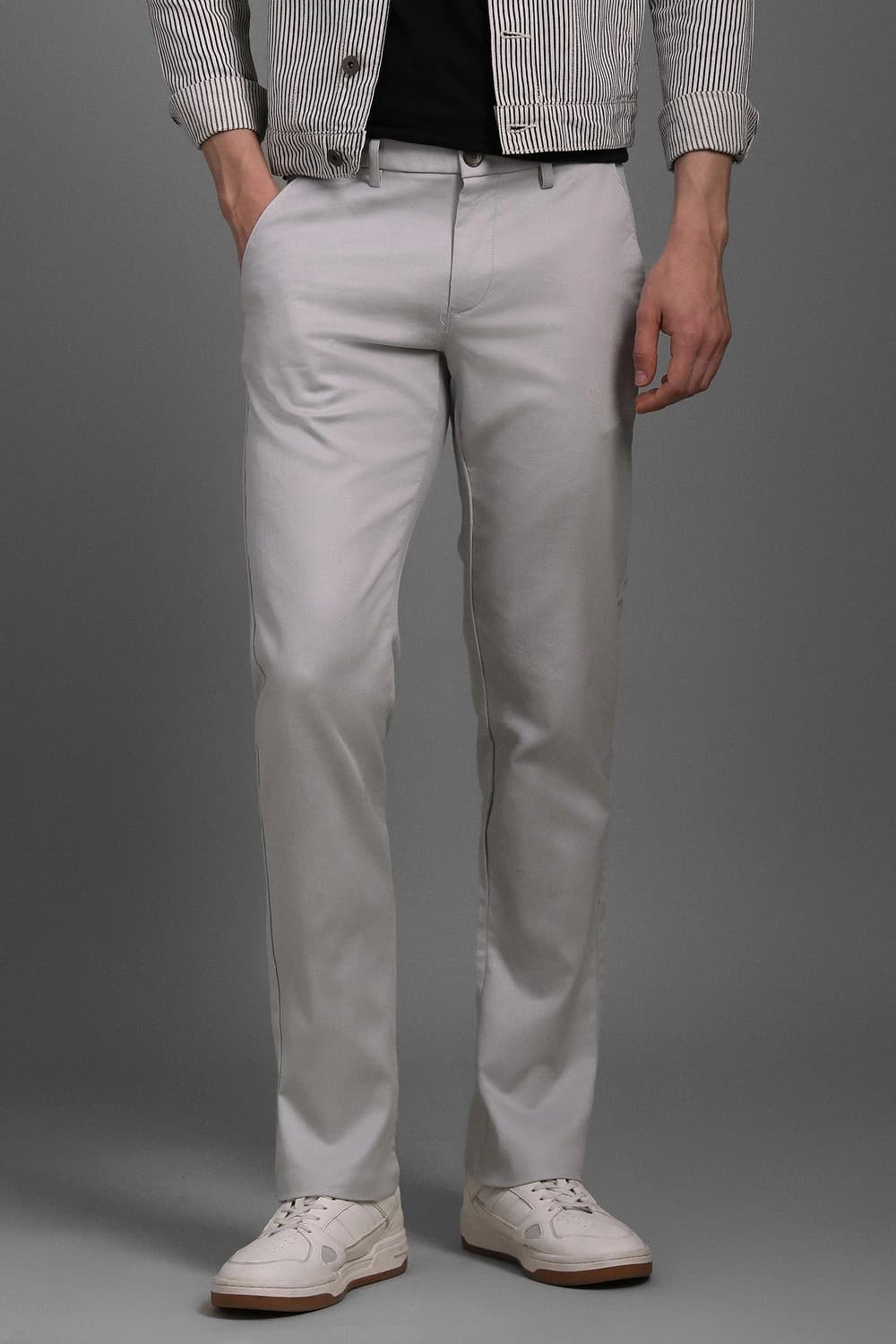 Men Grey Slim Tapered Fit Textured Flat Front Casual Trousers | Louisphilippe Men Grey Slim Tapered Fit Textured Flat Front Casual Trousers | Louisphilippe