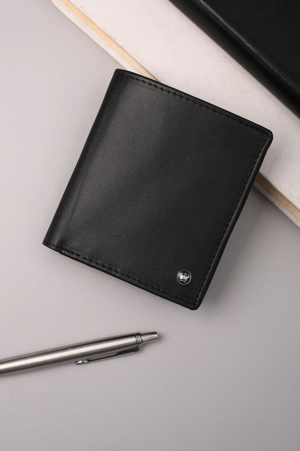 Men Solid Black Leather Trifold Wallet With Coin Pocket | Louisphilippe Men Solid Black Leather Trifold Wallet With Coin Pocket | Louisphilippe