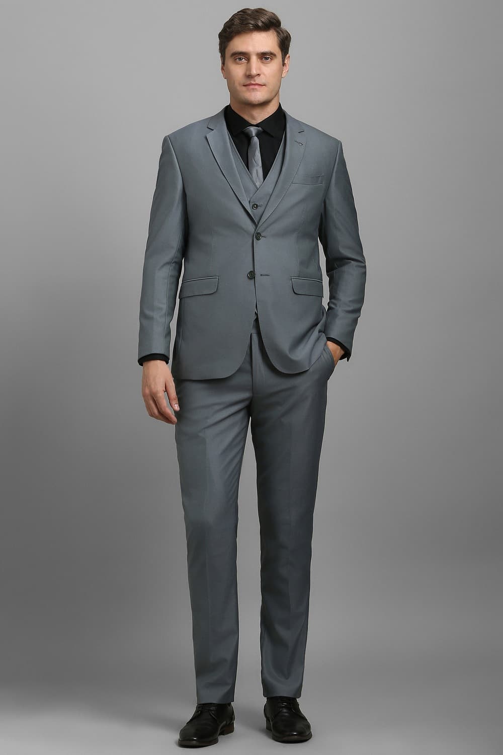 Men Grey Solid Formal Three Piece Suit | Louisphilippe Men Grey Solid Formal Three Piece Suit | Louisphilippe