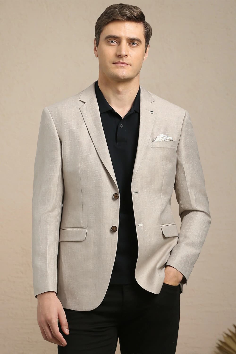 Men Beige Premium Linen Blend Slim Fit Textured Formal Blazer | Louisphilippe Men Beige Premium Linen Blend Slim Fit Textured Formal Blazer | Louisphilippe