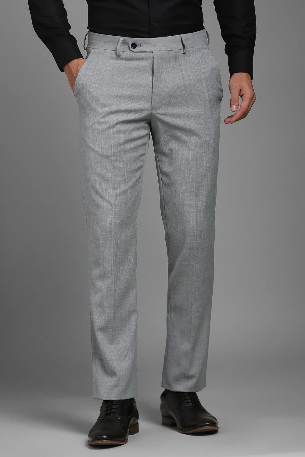 Men Grey Slim Fit Textured Flat Front Formal Trousers | Louisphilippe Men Grey Slim Fit Textured Flat Front Formal Trousers | Louisphilippe