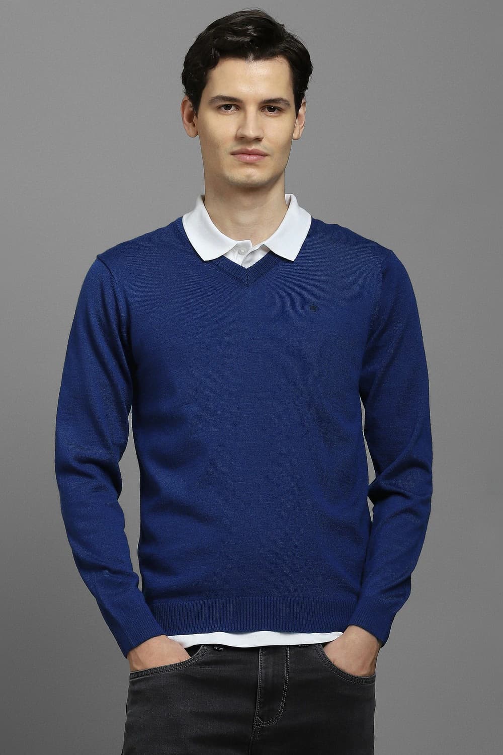 Men Blue Solid V Neck Full Sleeves Sweater | Louisphilippe Men Blue Solid V Neck Full Sleeves Sweater | Louisphilippe