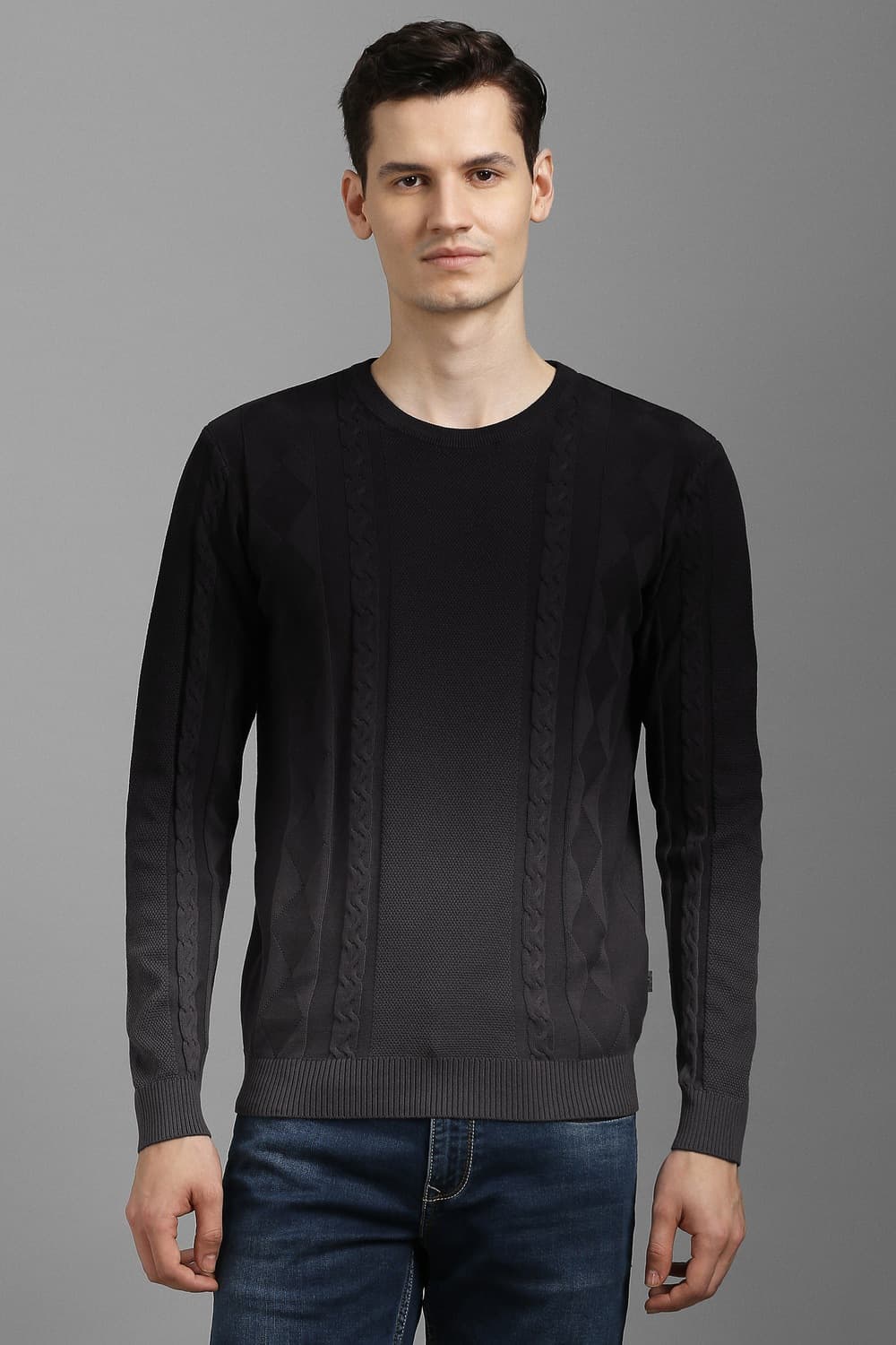 Men Black Textured Crew Neck Full Sleeves Sweater | Louisphilippe Men Black Textured Crew Neck Full Sleeves Sweater | Louisphilippe