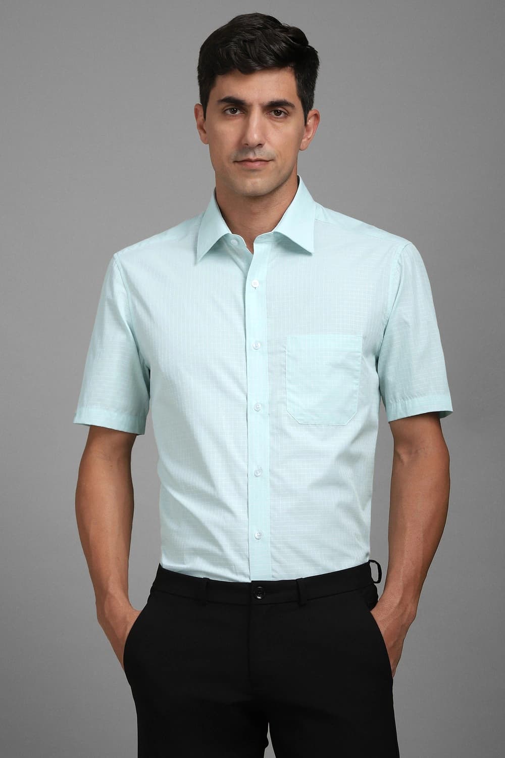 Men Light Blue Classic Fit Textured Half Sleeves Formal Shirt | Louisphilippe Men Light Blue Classic Fit Textured Half Sleeves Formal Shirt | Louisphilippe