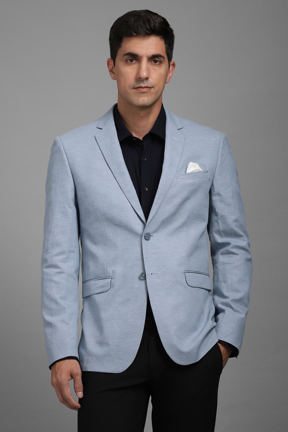 Men Linen Blend Light Blue Slim Fit Textured Formal Blazer | Louisphilippe Men Linen Blend Light Blue Slim Fit Textured Formal Blazer | Louisphilippe
