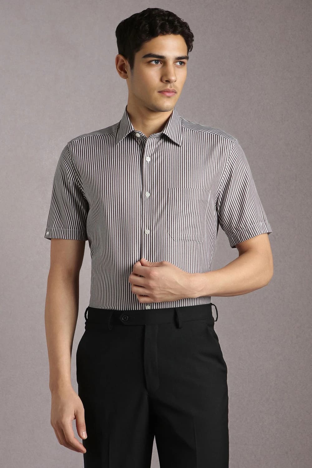 Men Brown Classic Fit Stripe Half Sleeves Formal Shirt | Louisphilippe Men Brown Classic Fit Stripe Half Sleeves Formal Shirt | Louisphilippe