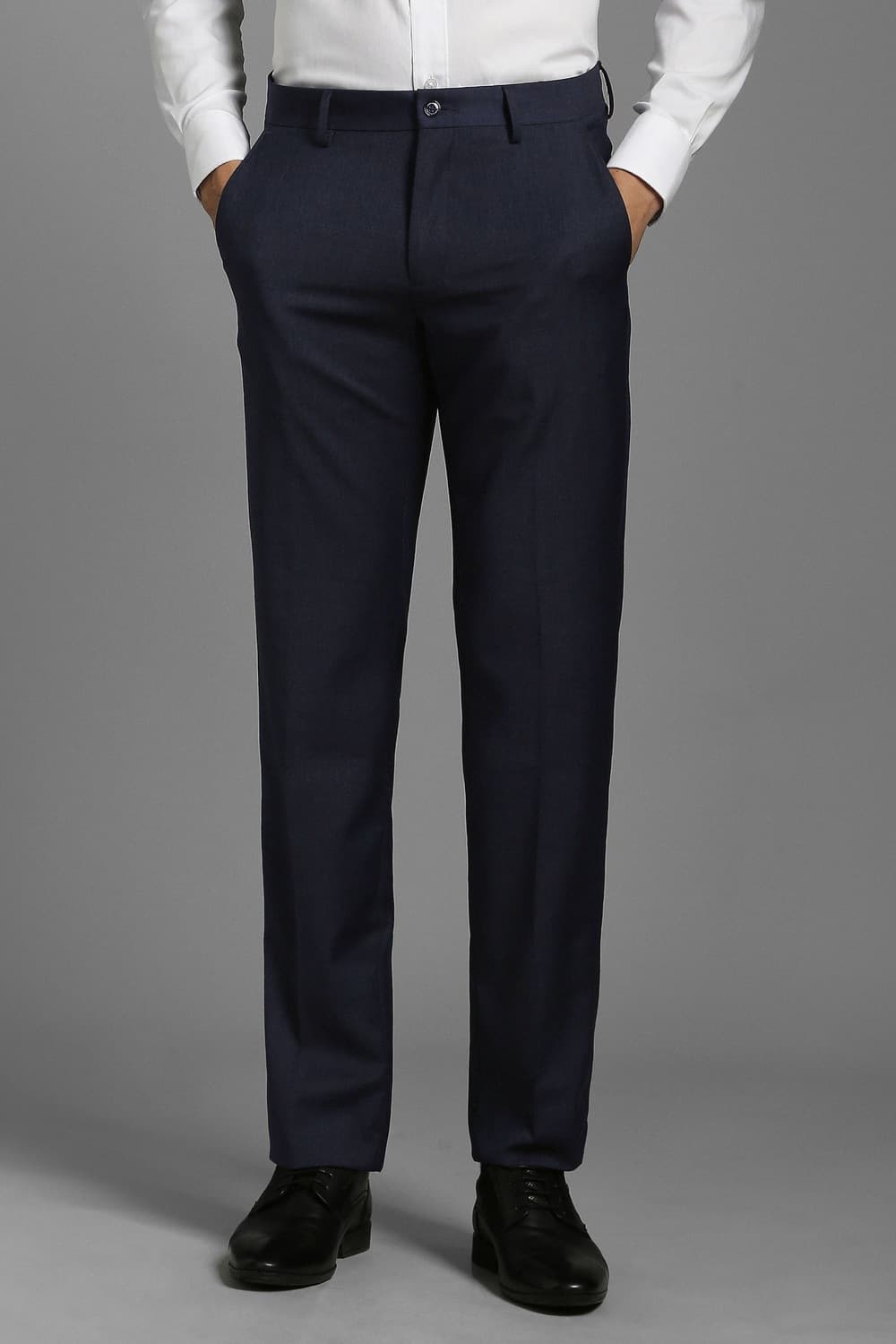 Men Navy Regular Fit Textured Flat Front Formal Trousers | Louisphilippe Men Navy Regular Fit Textured Flat Front Formal Trousers | Louisphilippe