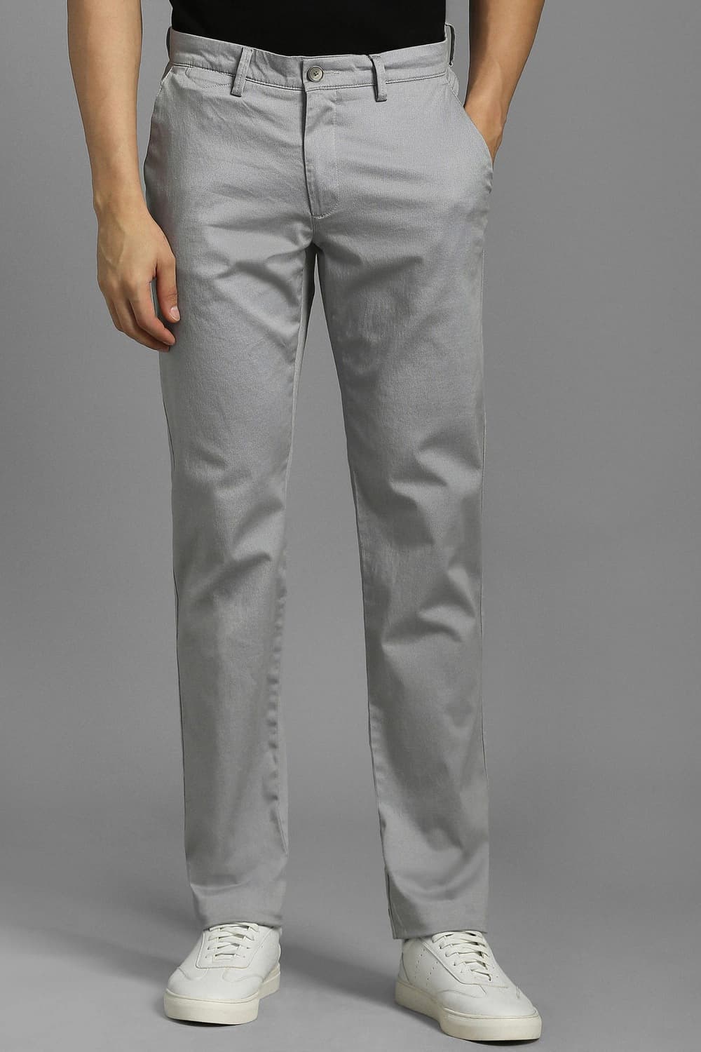 Men Grey Slim Tapered Fit Textured Flat Front Casual Trousers | Louisphilippe Men Grey Slim Tapered Fit Textured Flat Front Casual Trousers | Louisphilippe