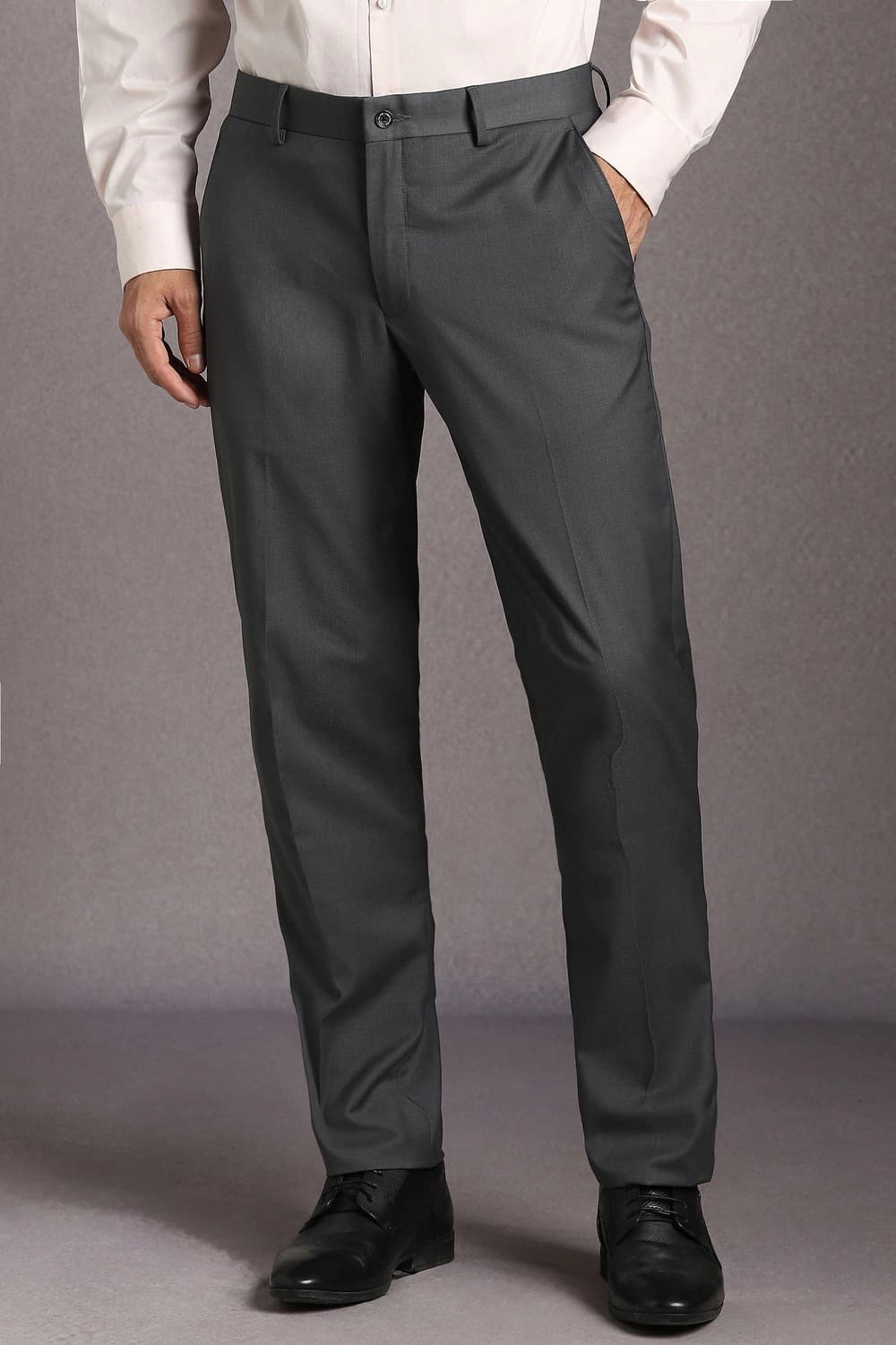 Men Grey Slim Fit Textured Flat Front Formal Trousers | Louisphilippe Men Grey Slim Fit Textured Flat Front Formal Trousers | Louisphilippe