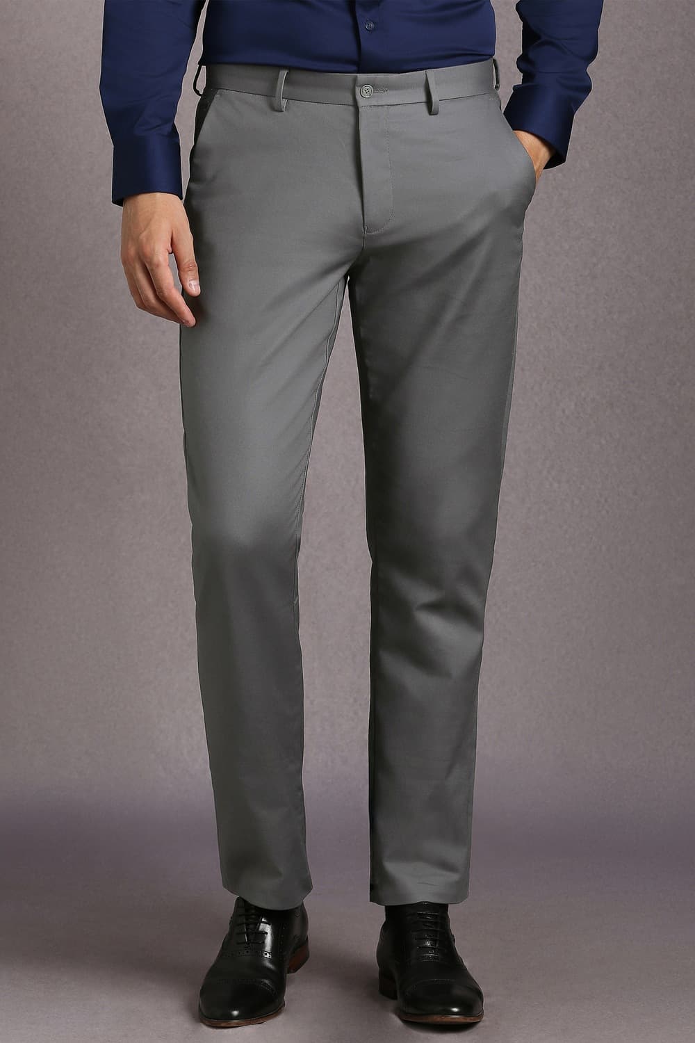Men Grey Regular Fit Solid Flat Front Formal Trousers | Louisphilippe Men Grey Regular Fit Solid Flat Front Formal Trousers | Louisphilippe