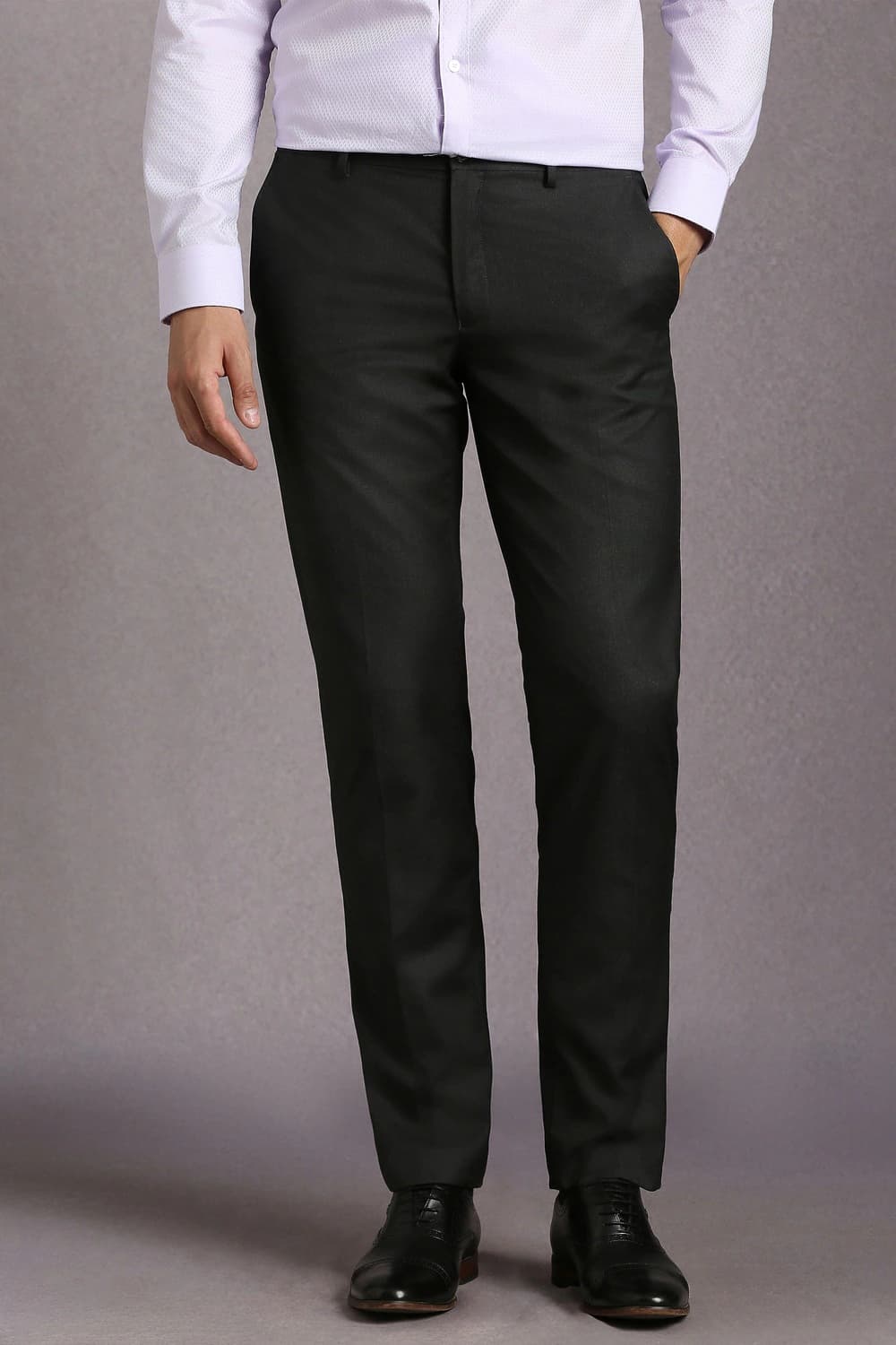 Men Black Slim Fit Textured Flat Front Formal Trousers | Louisphilippe Men Black Slim Fit Textured Flat Front Formal Trousers | Louisphilippe