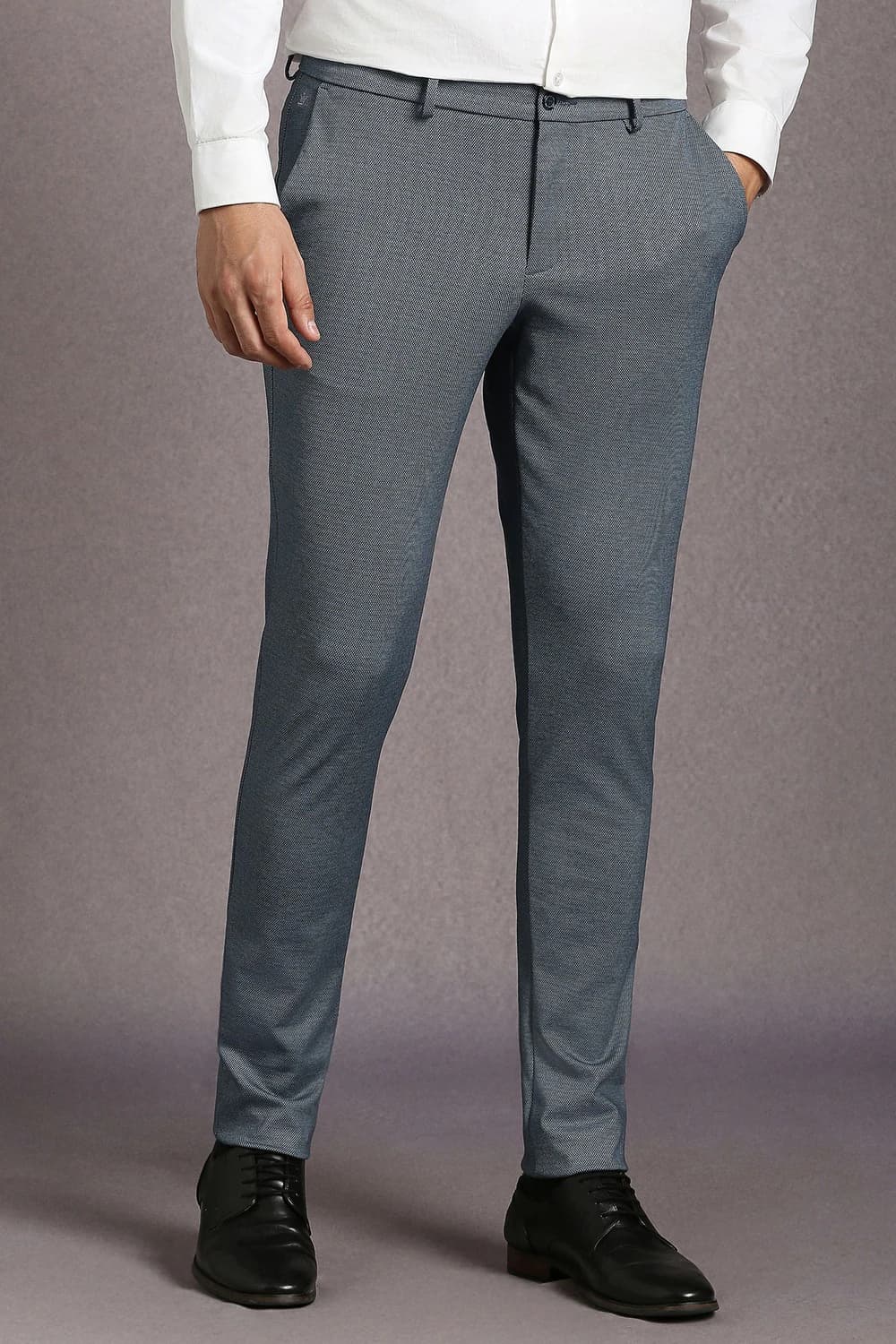 Men Grey Slim Tapered Fit Textured Flat Front Formal Trousers | Louisphilippe Men Grey Slim Tapered Fit Textured Flat Front Formal Trousers | Louisphilippe