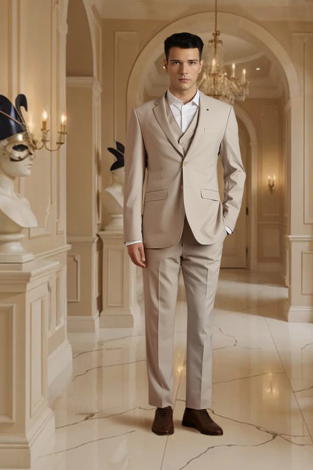 Men Beige Textured Formal Three Piece Suit | Louisphilippe Men Beige Textured Formal Three Piece Suit | Louisphilippe