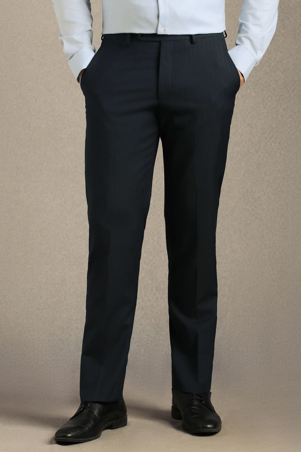 Men Navy Slim Fit Textured Flat Front Formal Trousers | Louisphilippe Men Navy Slim Fit Textured Flat Front Formal Trousers | Louisphilippe