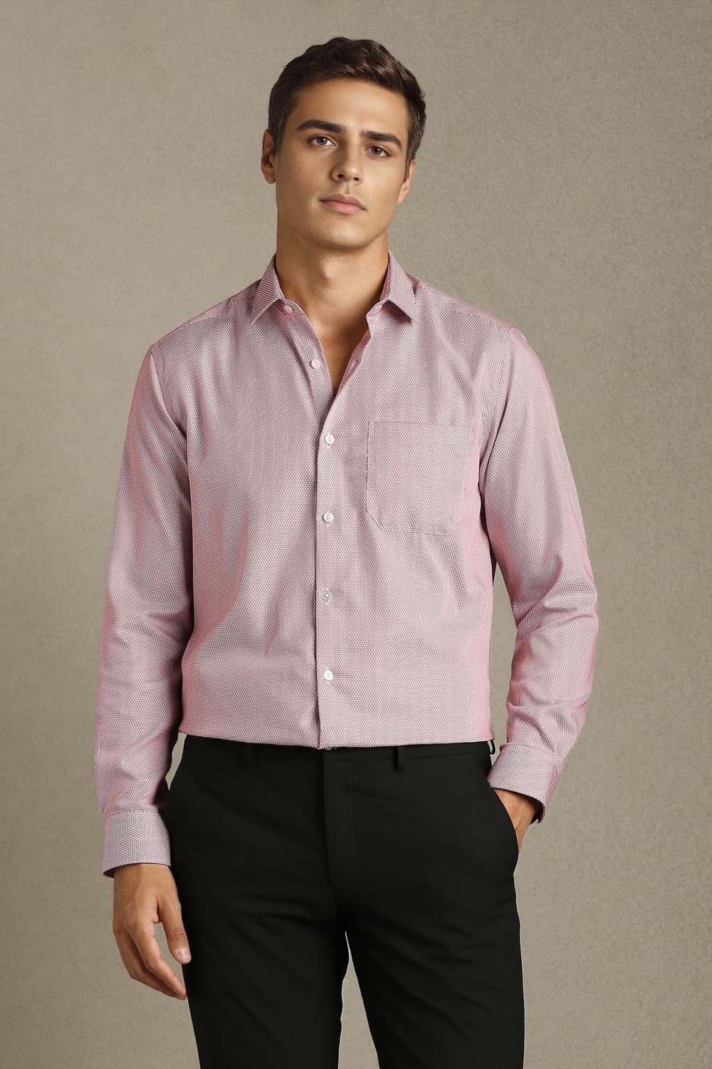 Men Pink Classic Fit Print Full Sleeves Formal Shirt | Louisphilippe Men Pink Classic Fit Print Full Sleeves Formal Shirt | Louisphilippe