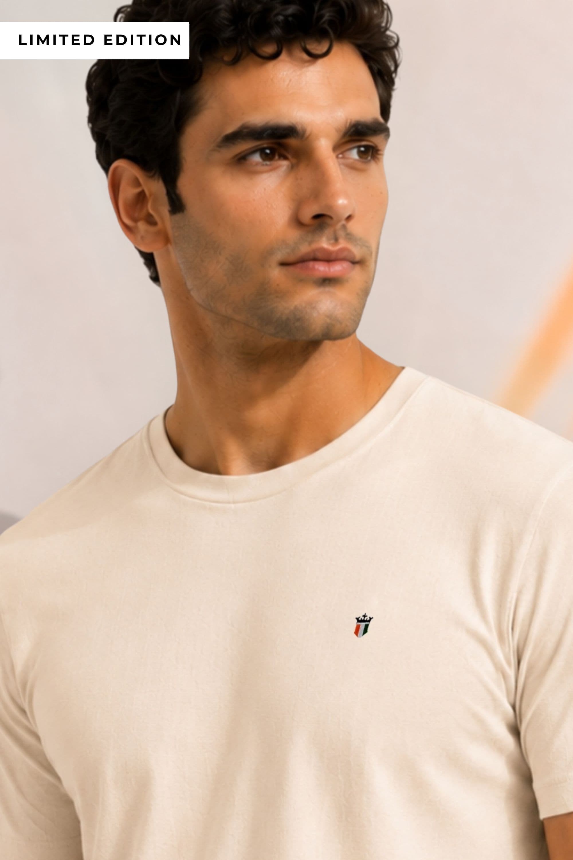 Tri-Color Shield Superior Cotton Cream Crew Neck T-Shirt | Louisphilippe Tri-Color Shield Superior Cotton Cream Crew Neck T-Shirt | Louisphilippe