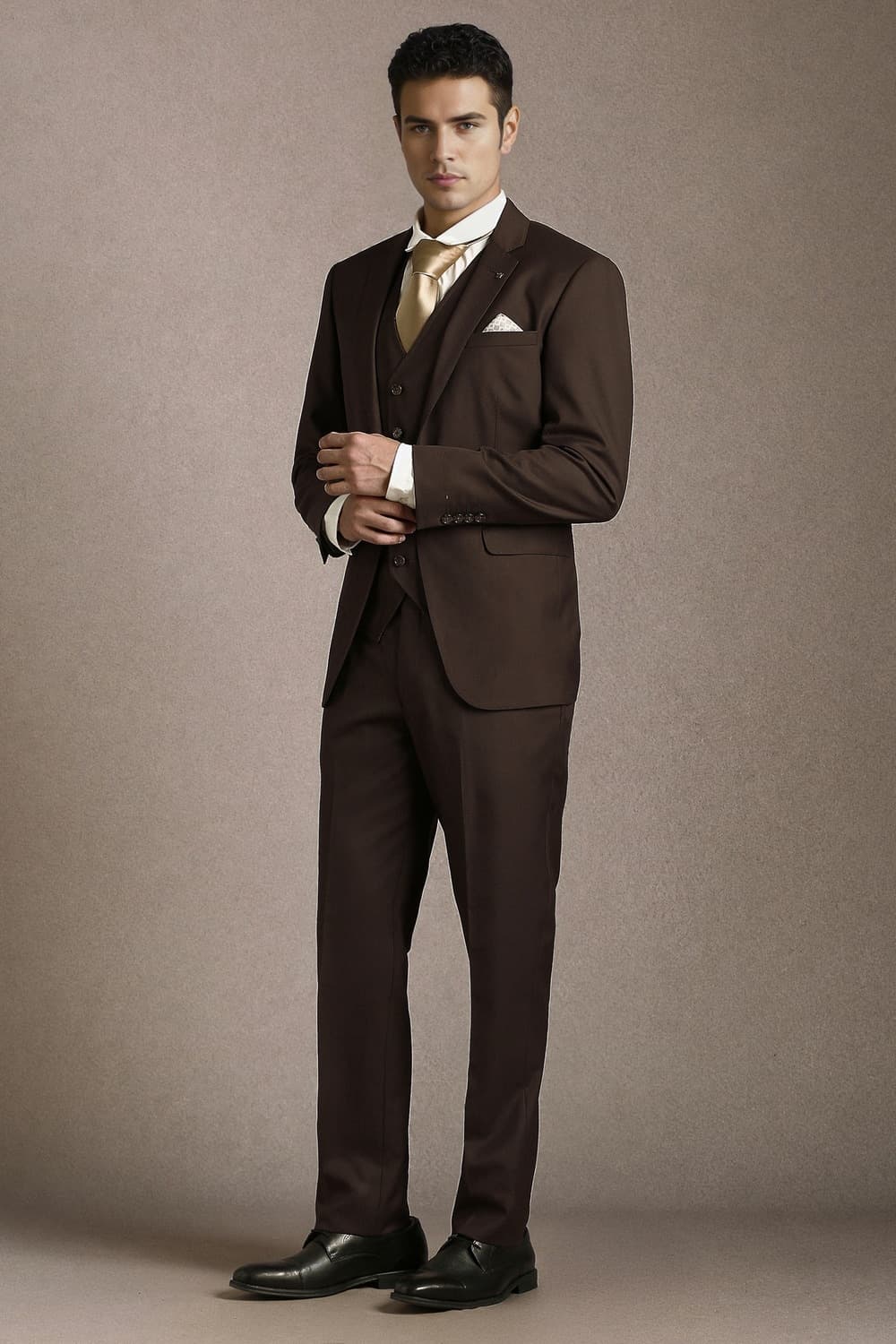 Men Brown Solid Formal Three Piece Suit | Louisphilippe Men Brown Solid Formal Three Piece Suit | Louisphilippe