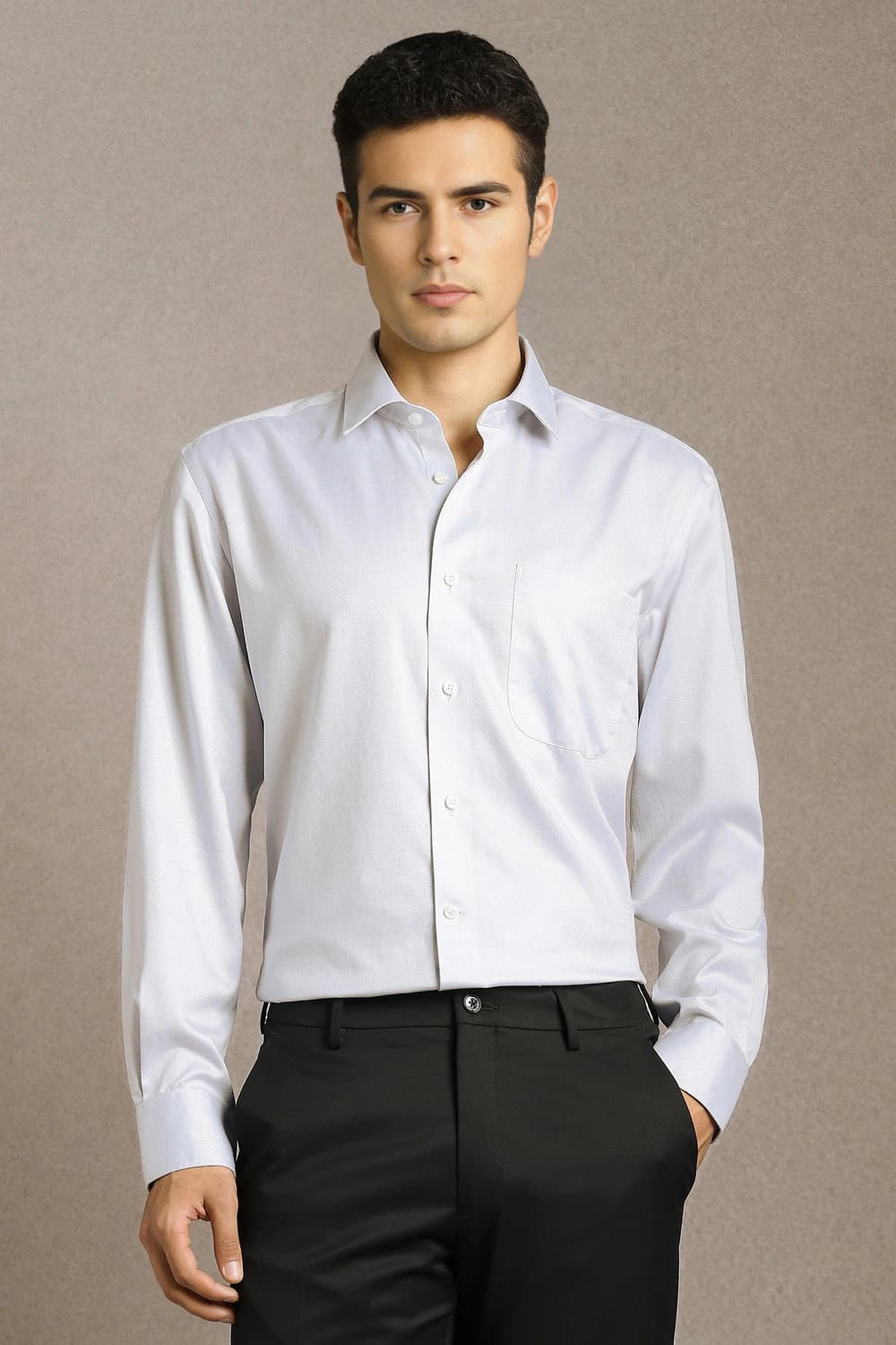 Men White Classic Fit Textured Full Sleeves Formal Shirt | Louisphilippe Men White Classic Fit Textured Full Sleeves Formal Shirt | Louisphilippe