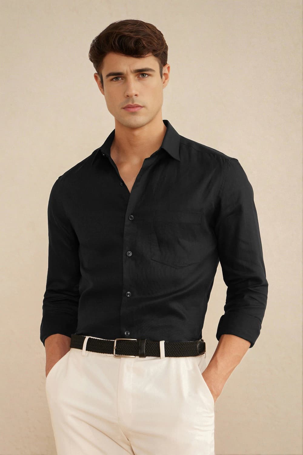Men 100% Linen Black Classic Fit Solid Formal Shirt | Louisphilippe Men 100% Linen Black Classic Fit Solid Formal Shirt | Louisphilippe
