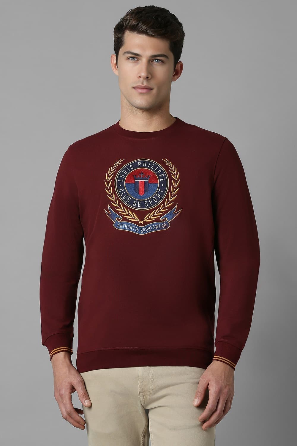 Men Casual Maroon Embroidered Sweatshirt | Louisphilippe Men Casual Maroon Embroidered Sweatshirt | Louisphilippe