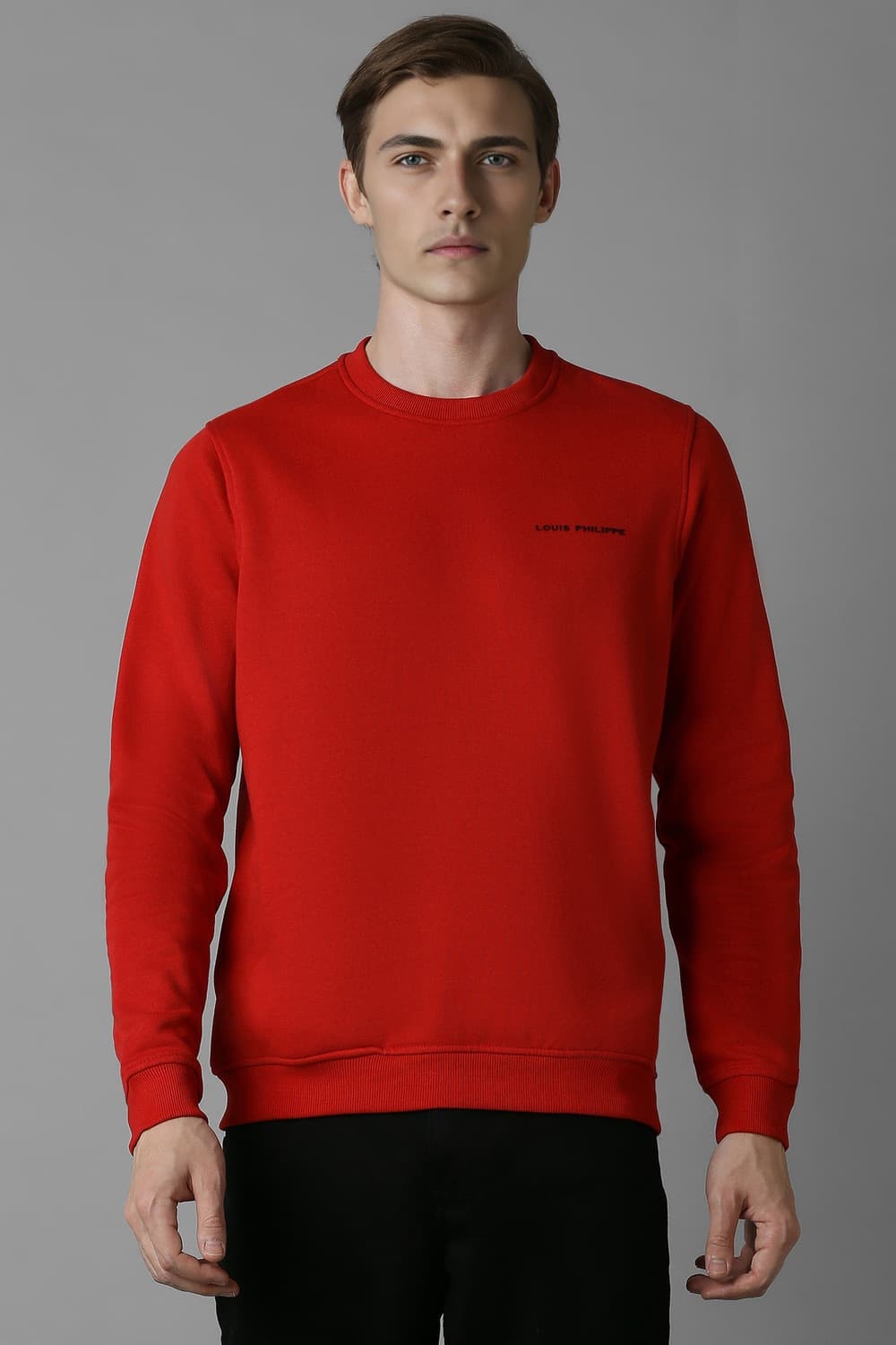 Men Casual Red Solid Sweatshirt | Louisphilippe Men Casual Red Solid Sweatshirt | Louisphilippe