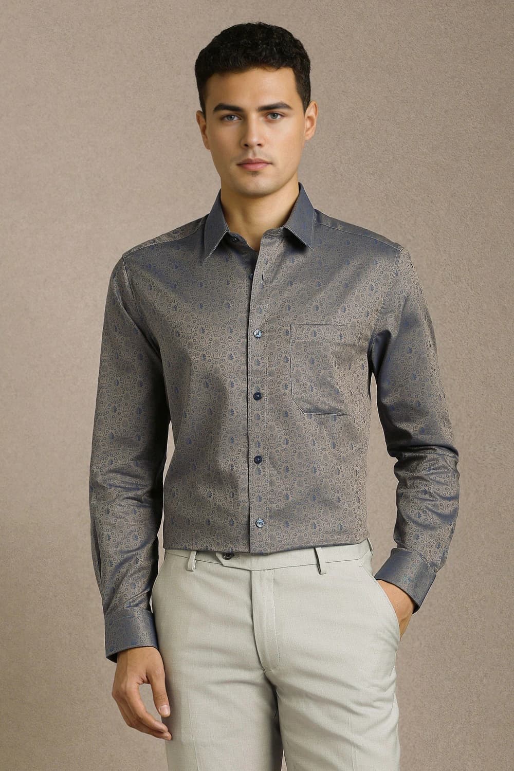 Men Grey Classic Fit Print Full Sleeves Formal Shirt | Louisphilippe Men Grey Classic Fit Print Full Sleeves Formal Shirt | Louisphilippe